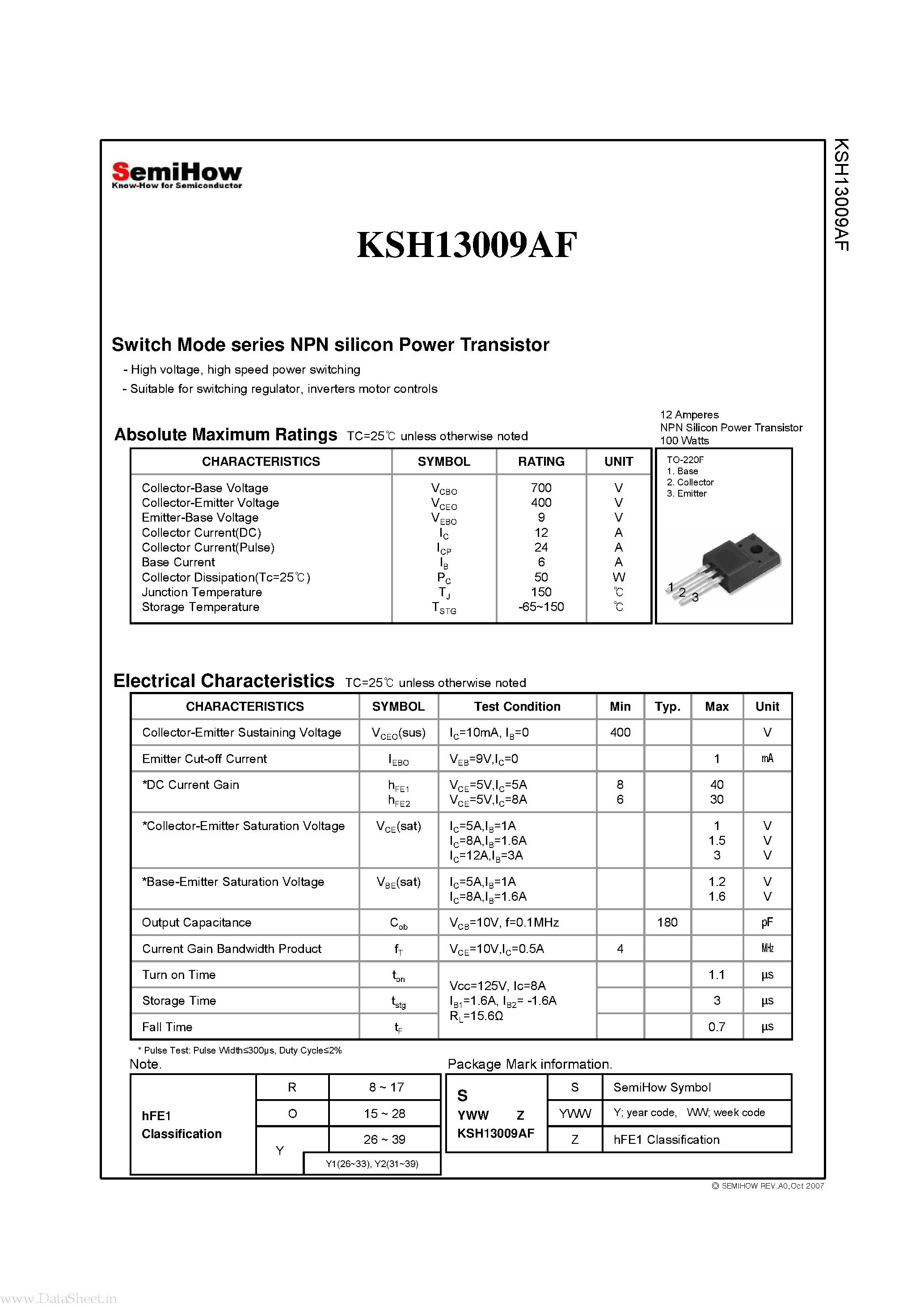 Datasheet KSH13009AF page 2 Datasheet KSH13009AF - Switch Mode series NPN silicon Power Transistor page 2