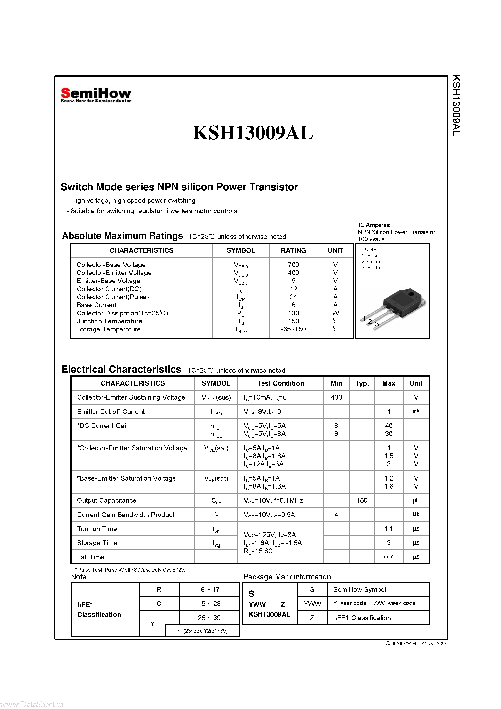 Datasheet KSH13009AL page 2 Datasheet KSH13009AL - Switch Mode series NPN silicon Power Transistor page 2