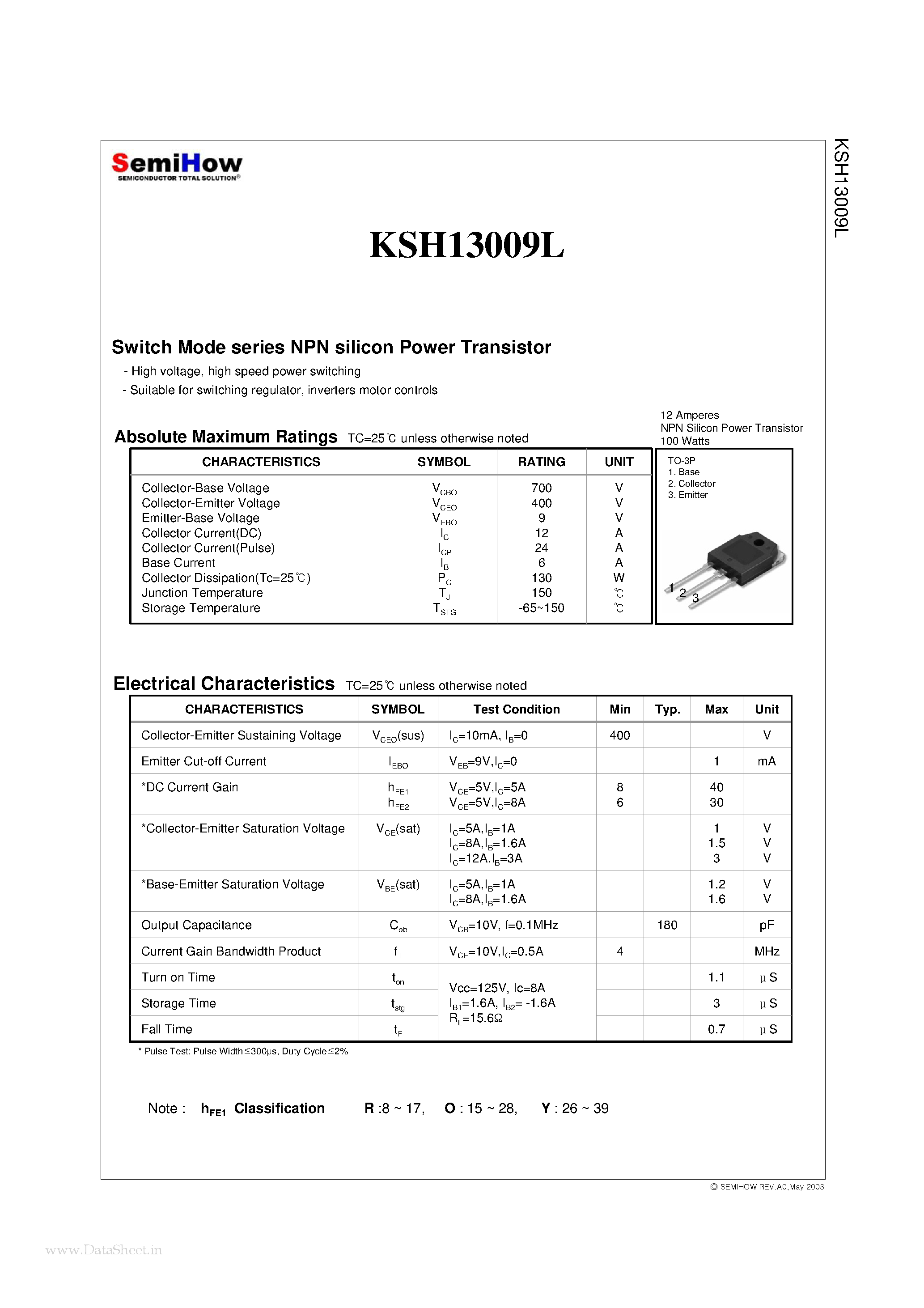 Datasheet KSH13009L page 2 Datasheet KSH13009L - Switch Mode series NPN silicon Power Transistor page 2