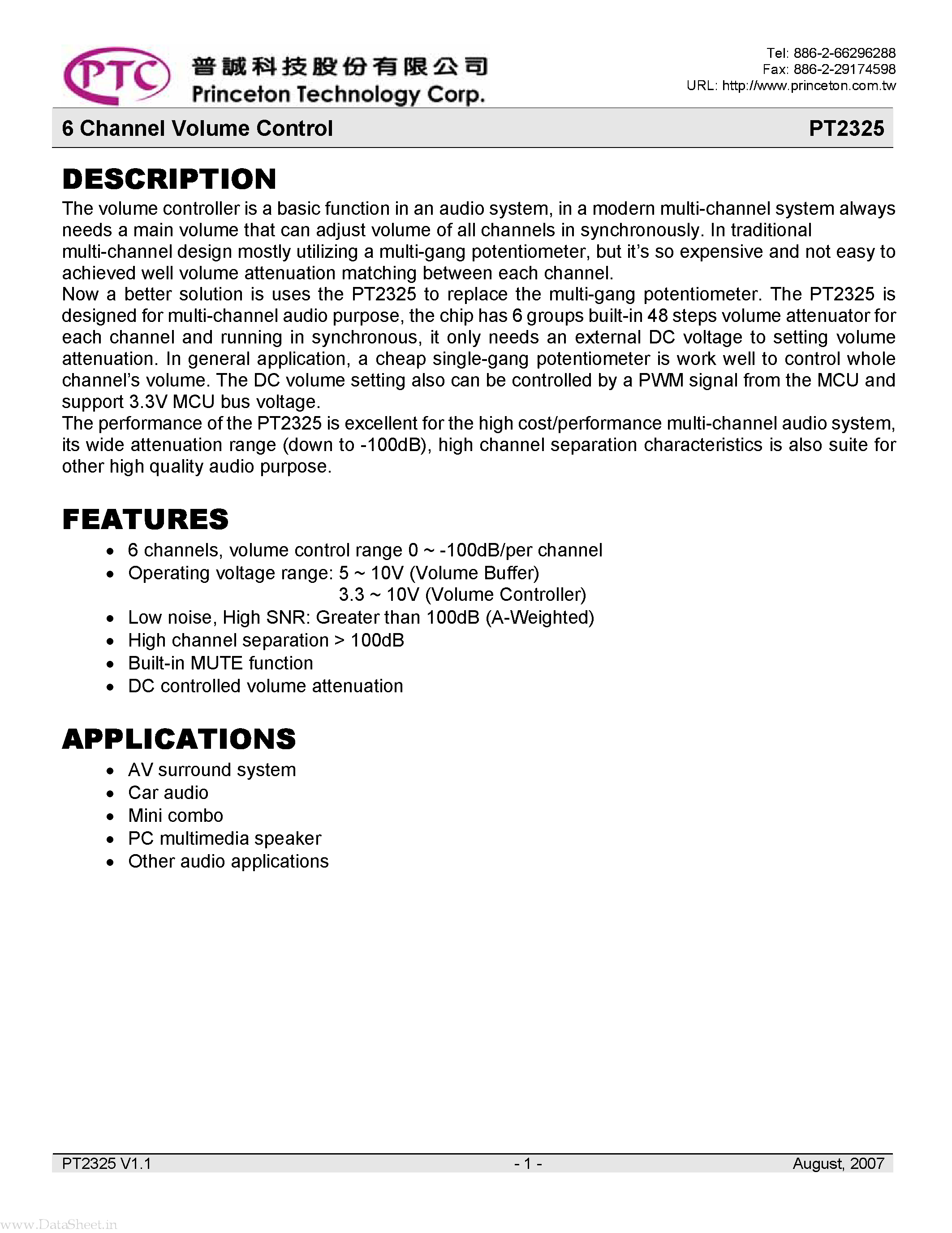Datasheet PT2325 - 6 Channel Volume Control page 1
