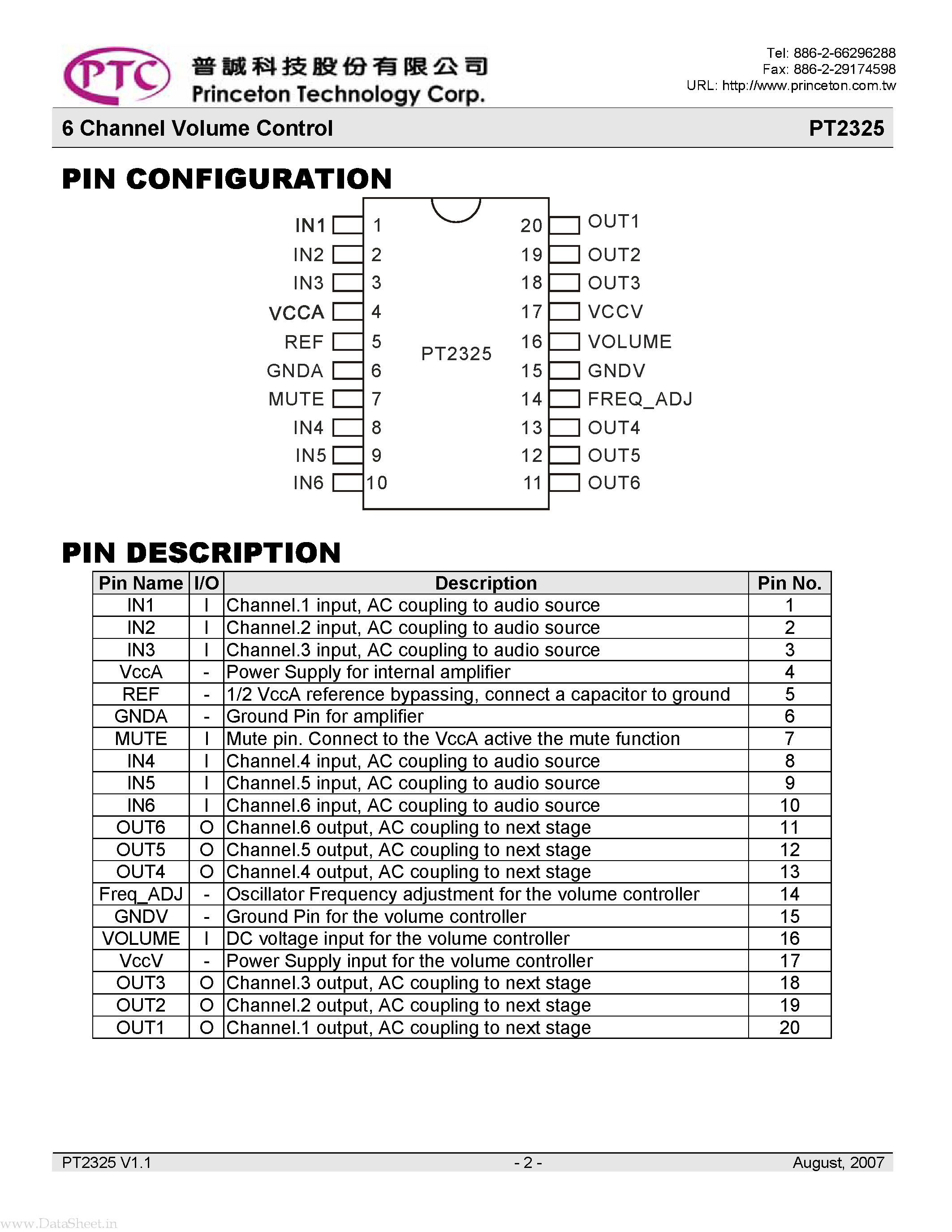 Datasheet PT2325 - 6 Channel Volume Control page 2