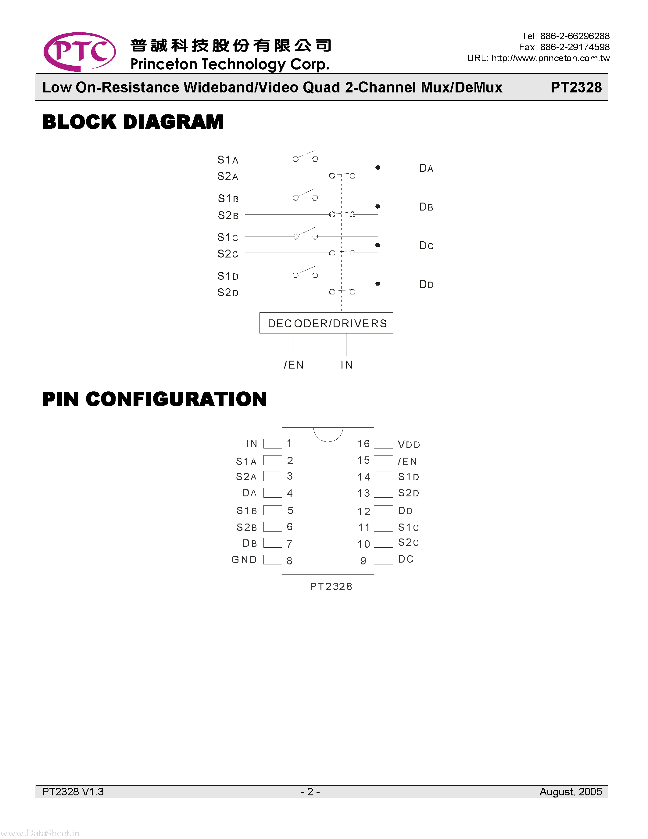 Datasheet PT2328 page 2 Datasheet PT2328 - Low On-Resistance Wideband/Video Quad 2-Channel Mux/DeMux page 2