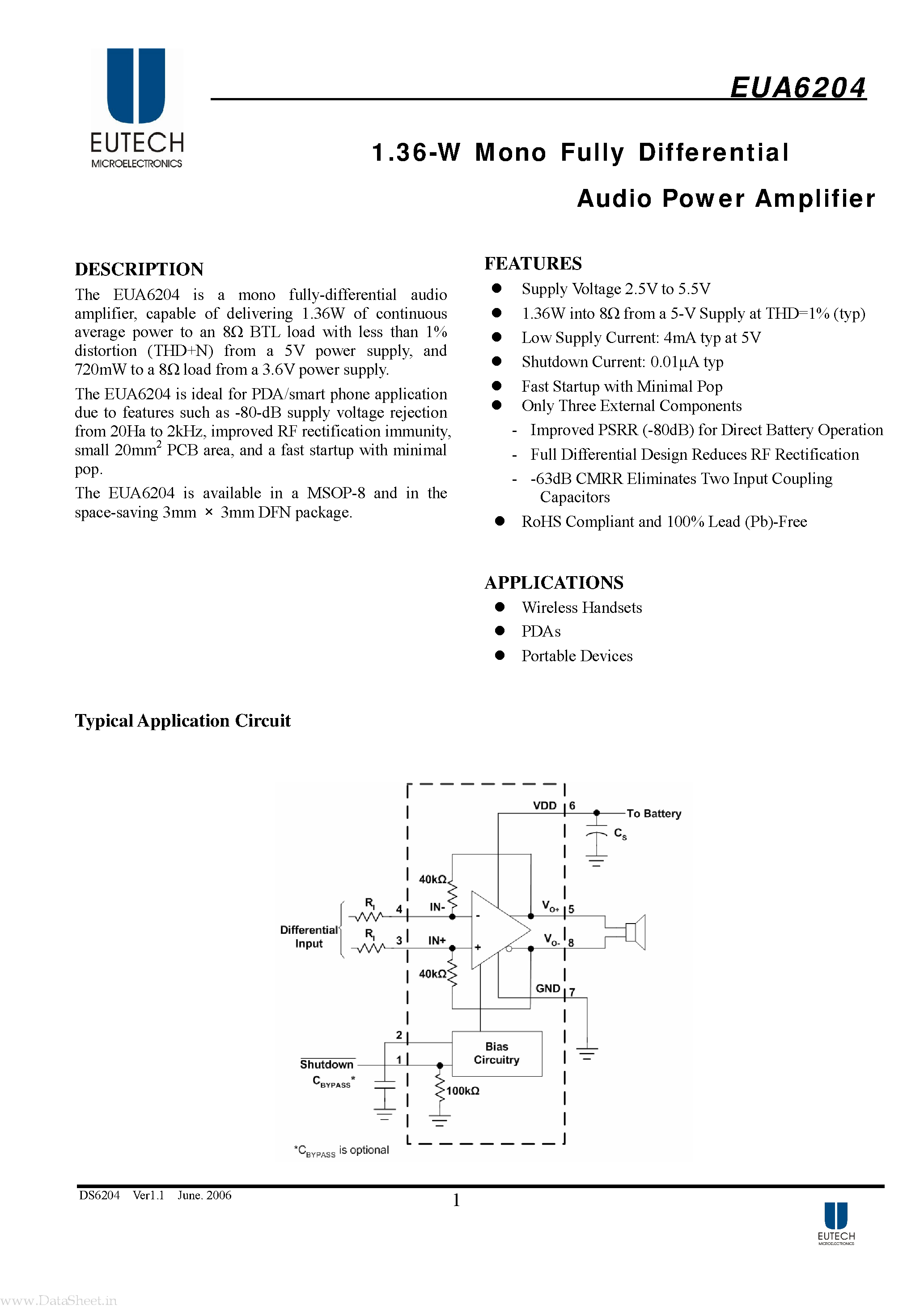 Даташит EUA6204 - Stereo Audio Power Amplifier страница 1