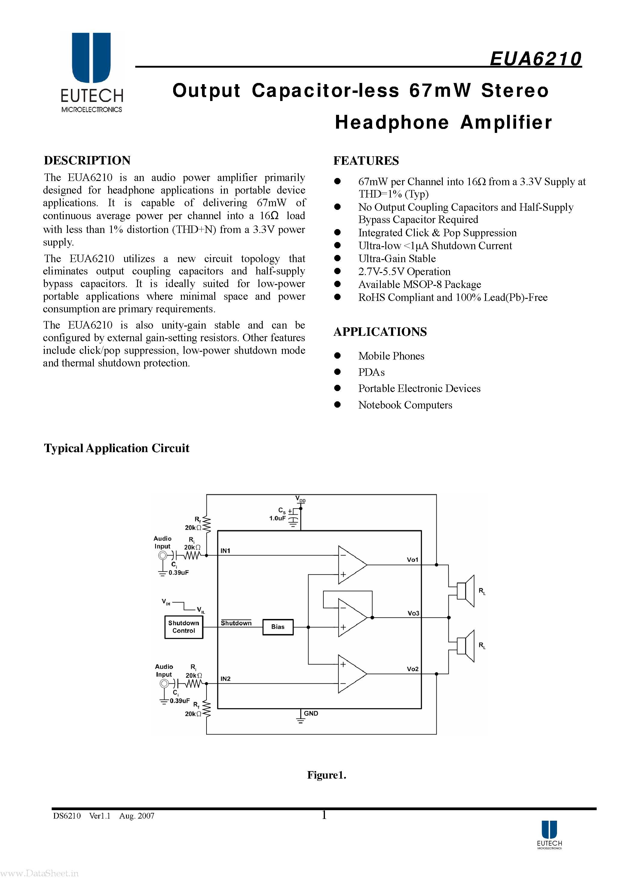 Datasheet EUA6210 page 1 Datasheet EUA6210 - Output Capacitor-less 67mW Stereo Headphone Amplifier page 1
