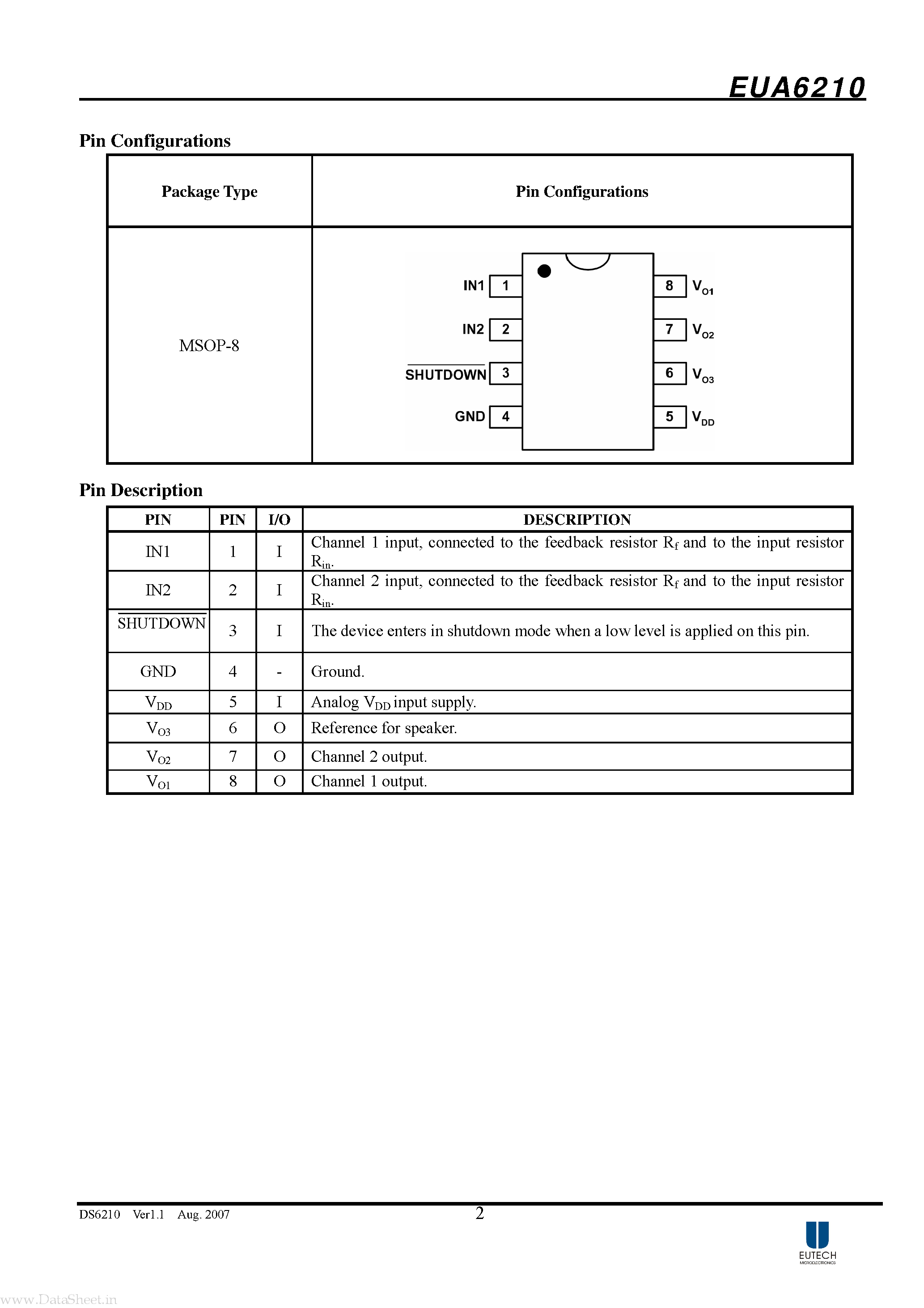 Datasheet EUA6210 page 2 Datasheet EUA6210 - Output Capacitor-less 67mW Stereo Headphone Amplifier page 2