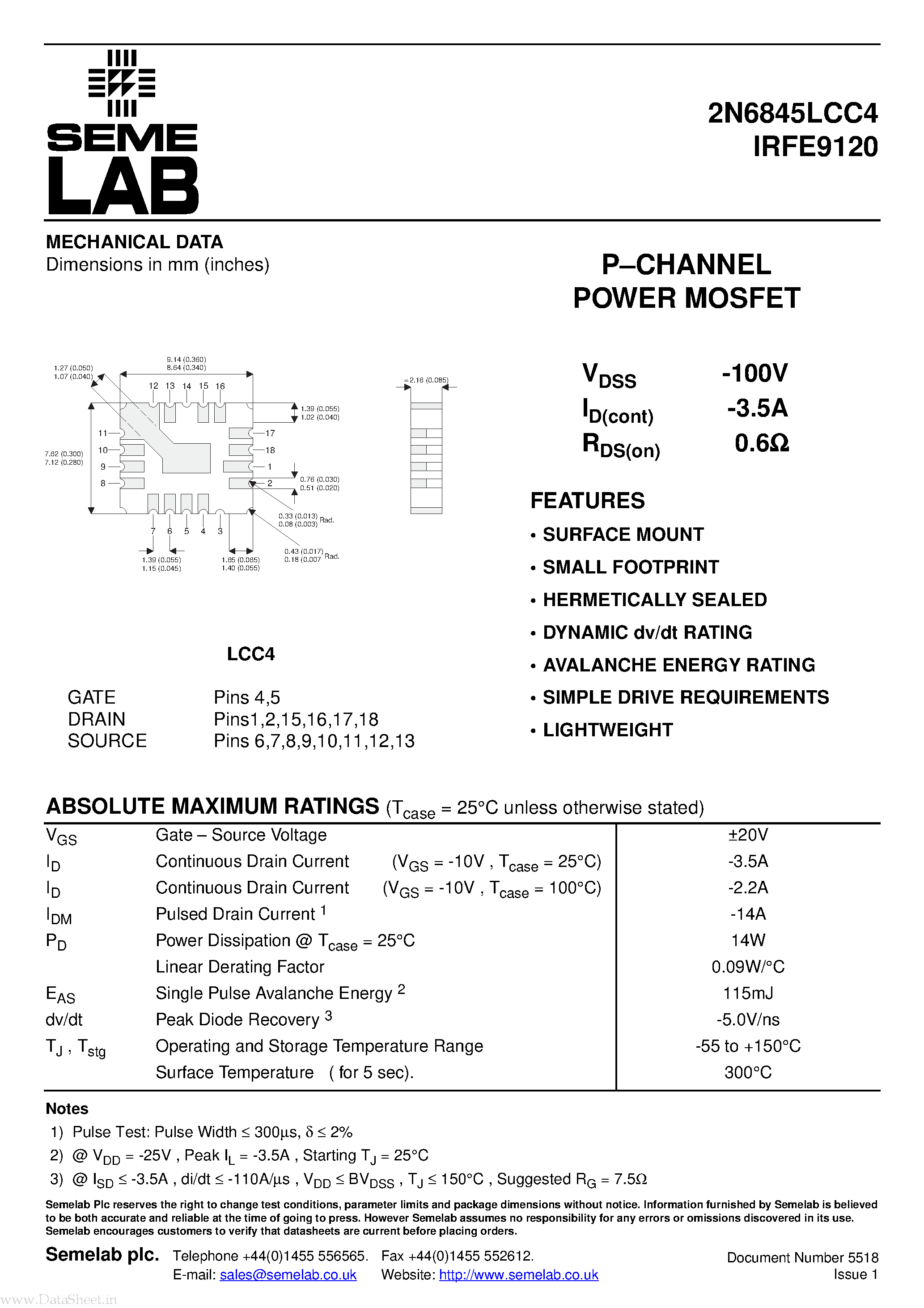 Datasheet IRFE9120 page 1 Datasheet IRFE9120 - P-CHANNEL POWER MOSFET page 1