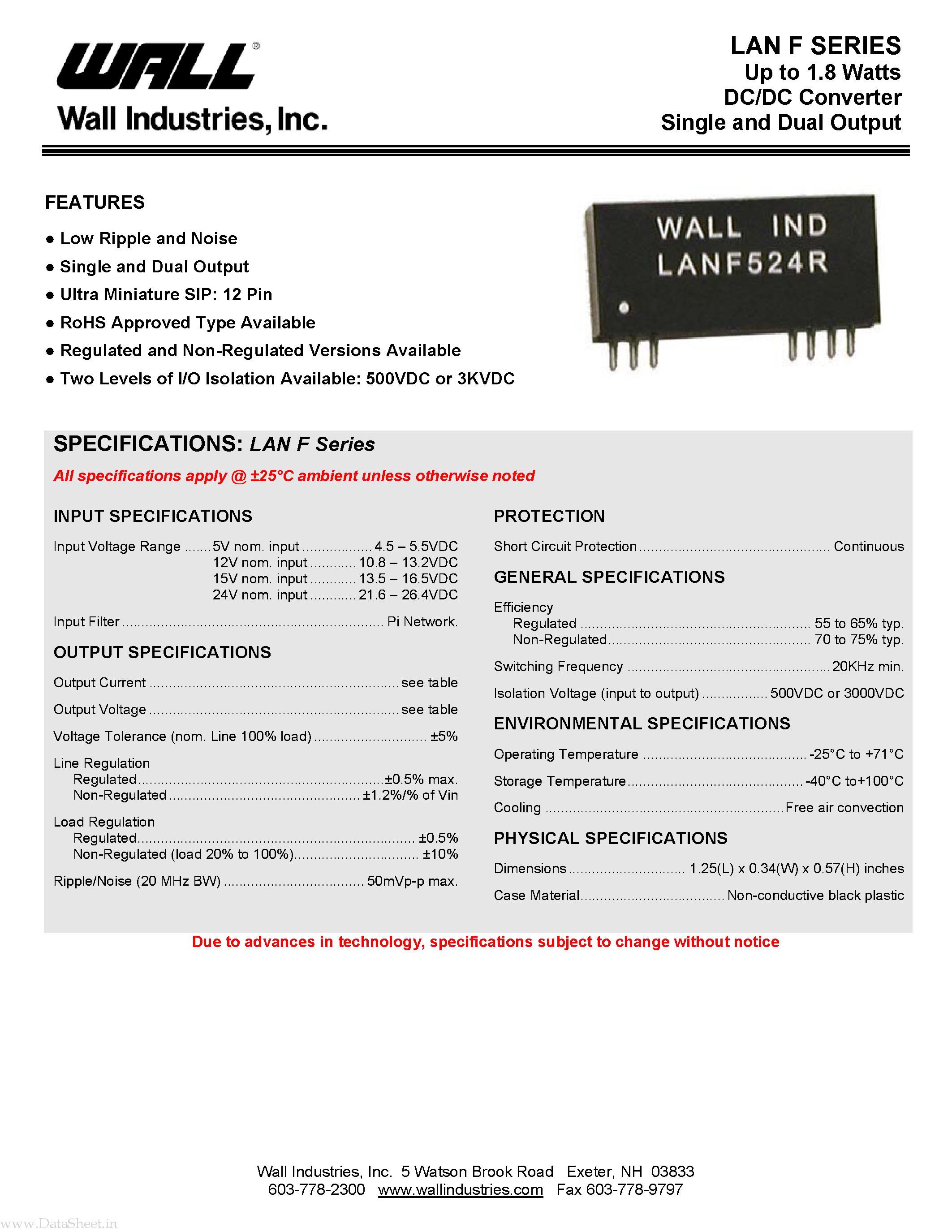 Даташит LAN5515N - Up to 1.8 Watts DC/DC Converter Single and Dual Output страница 1