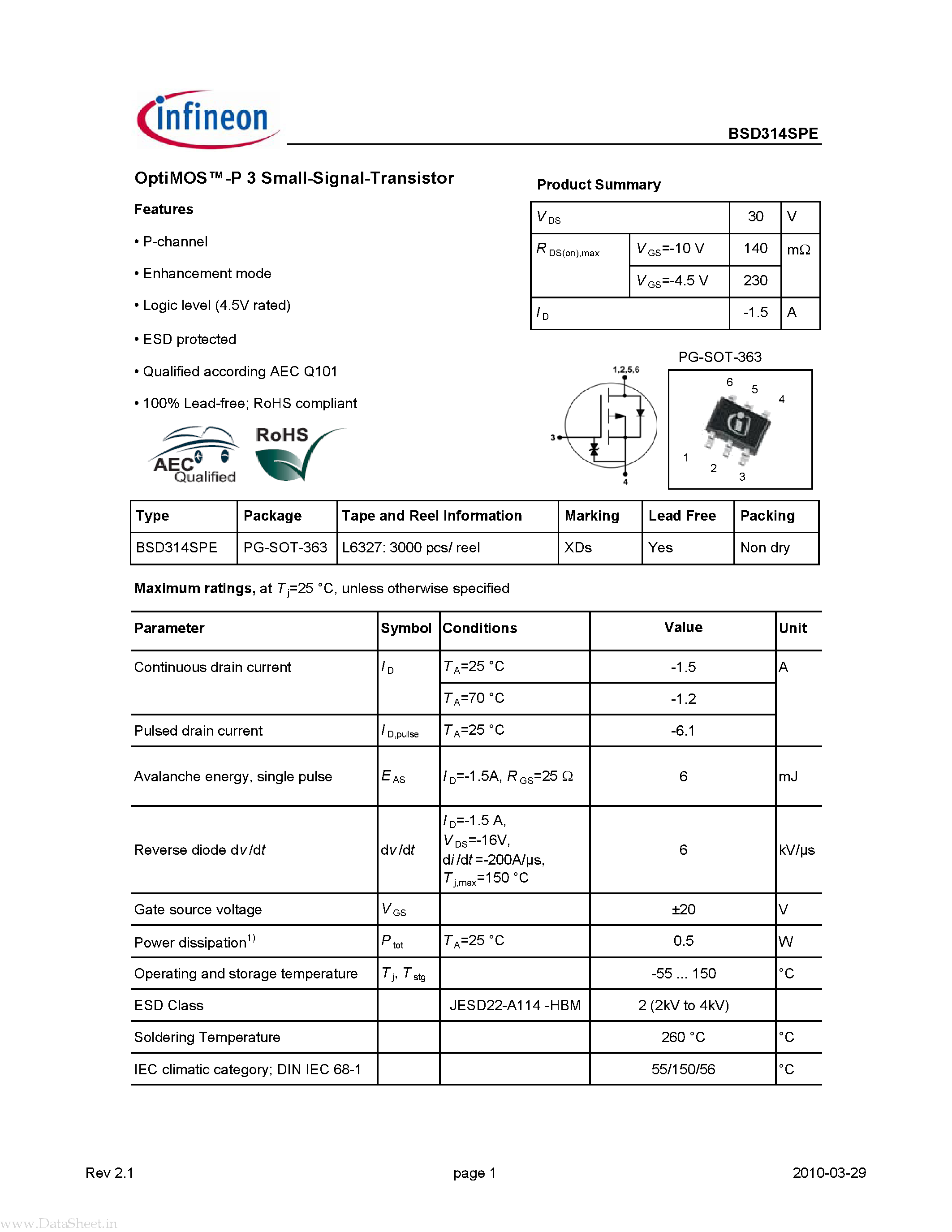 Datasheet BSD314SPE page 1 Datasheet BSD314SPE - 3 Small-Signal-Transistor page 1
