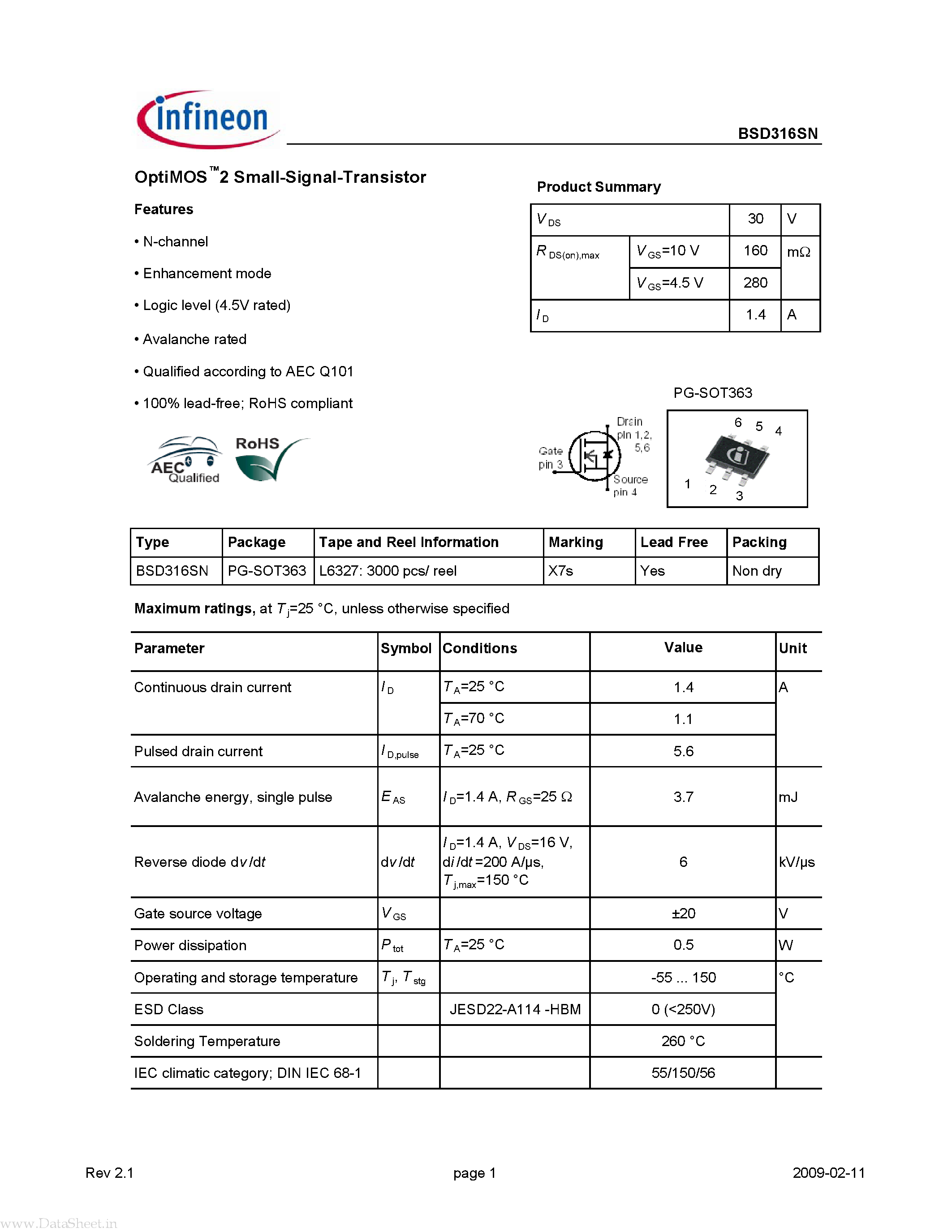Даташит на микросхему BSD316SN страница 1 Даташит BSD316SN - 2 Small-Signal-Transistor страница 1