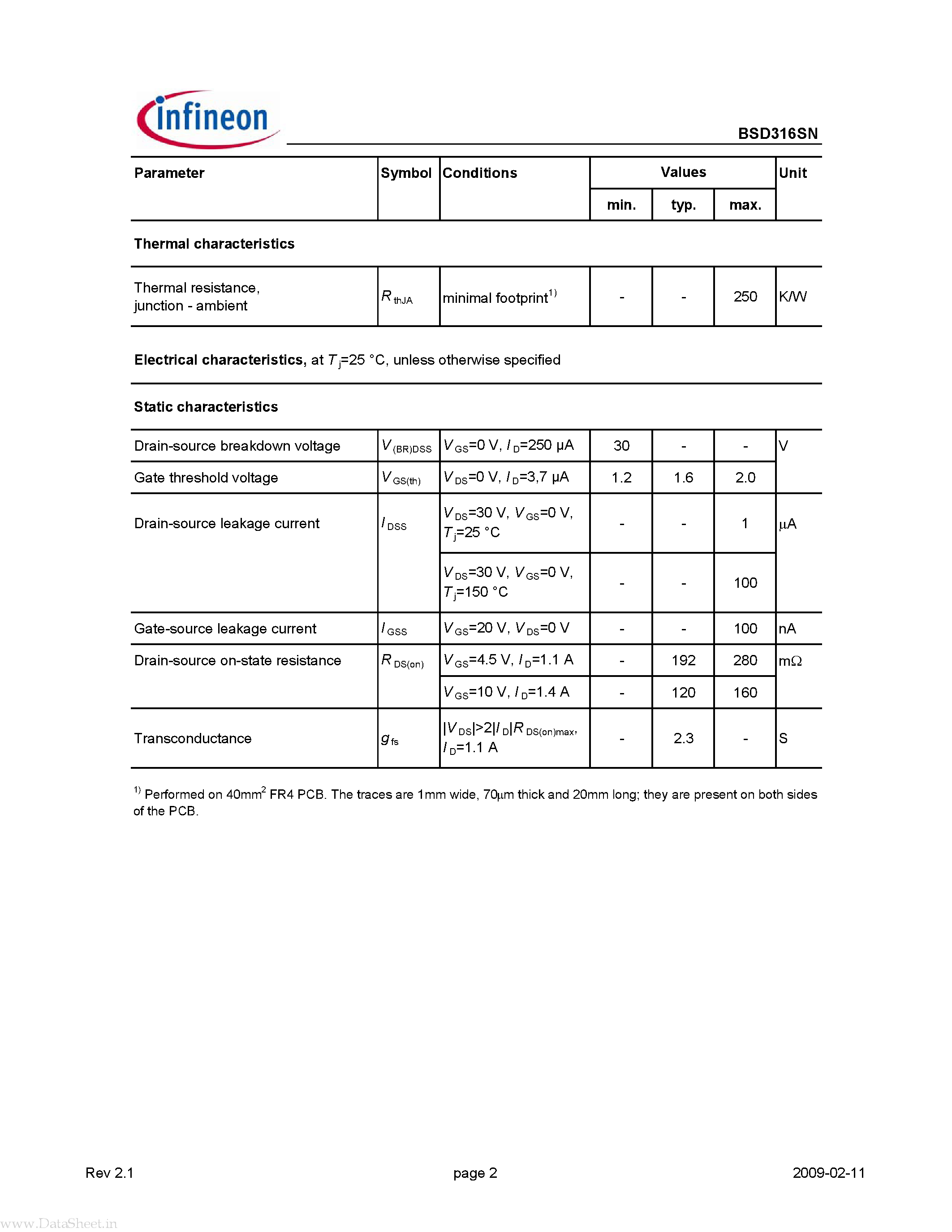 Даташит на микросхему BSD316SN страница 2 Даташит BSD316SN - 2 Small-Signal-Transistor страница 2