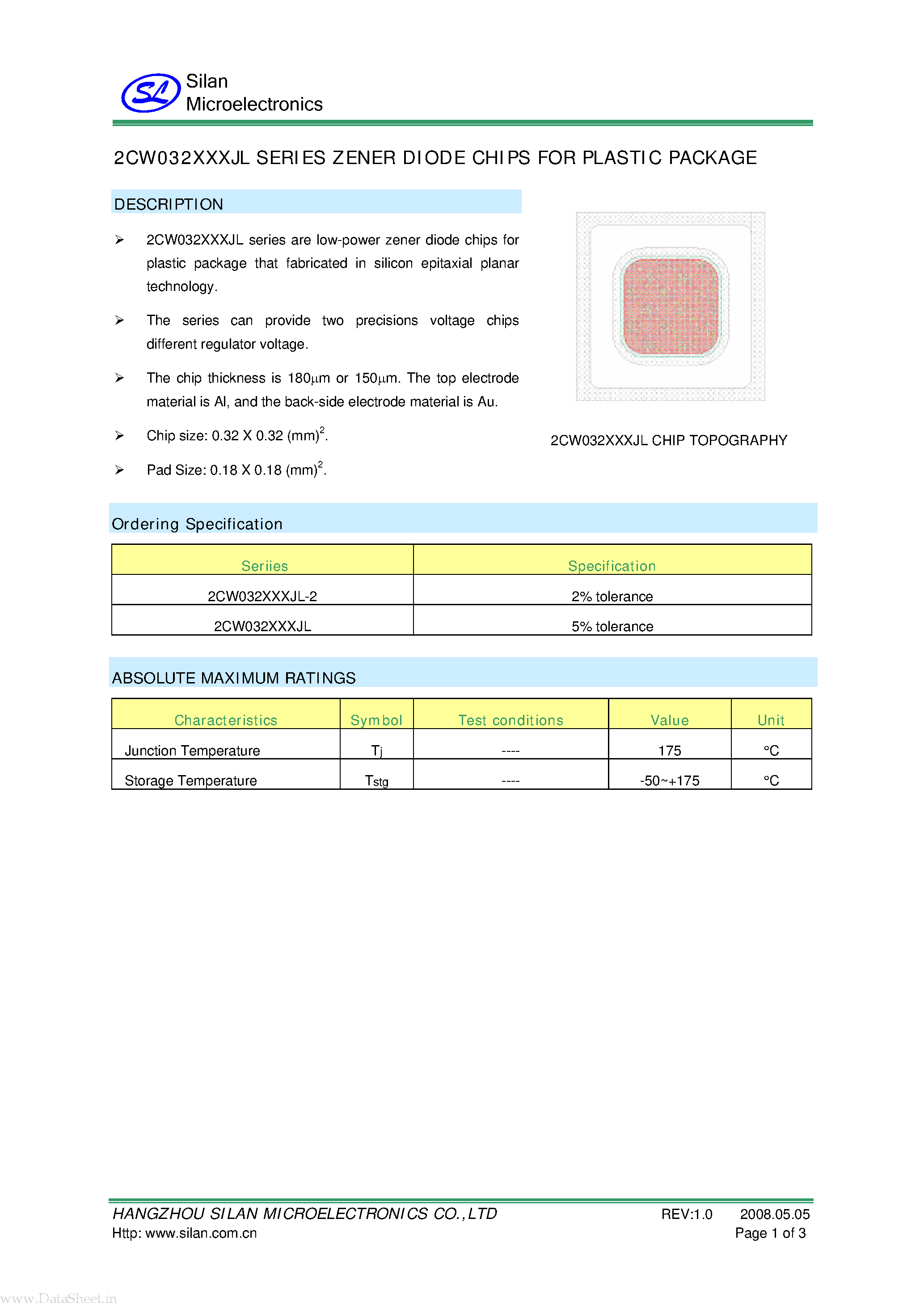 Datasheet 2CW032020JL - ZENER DIODE CHIPS page 1