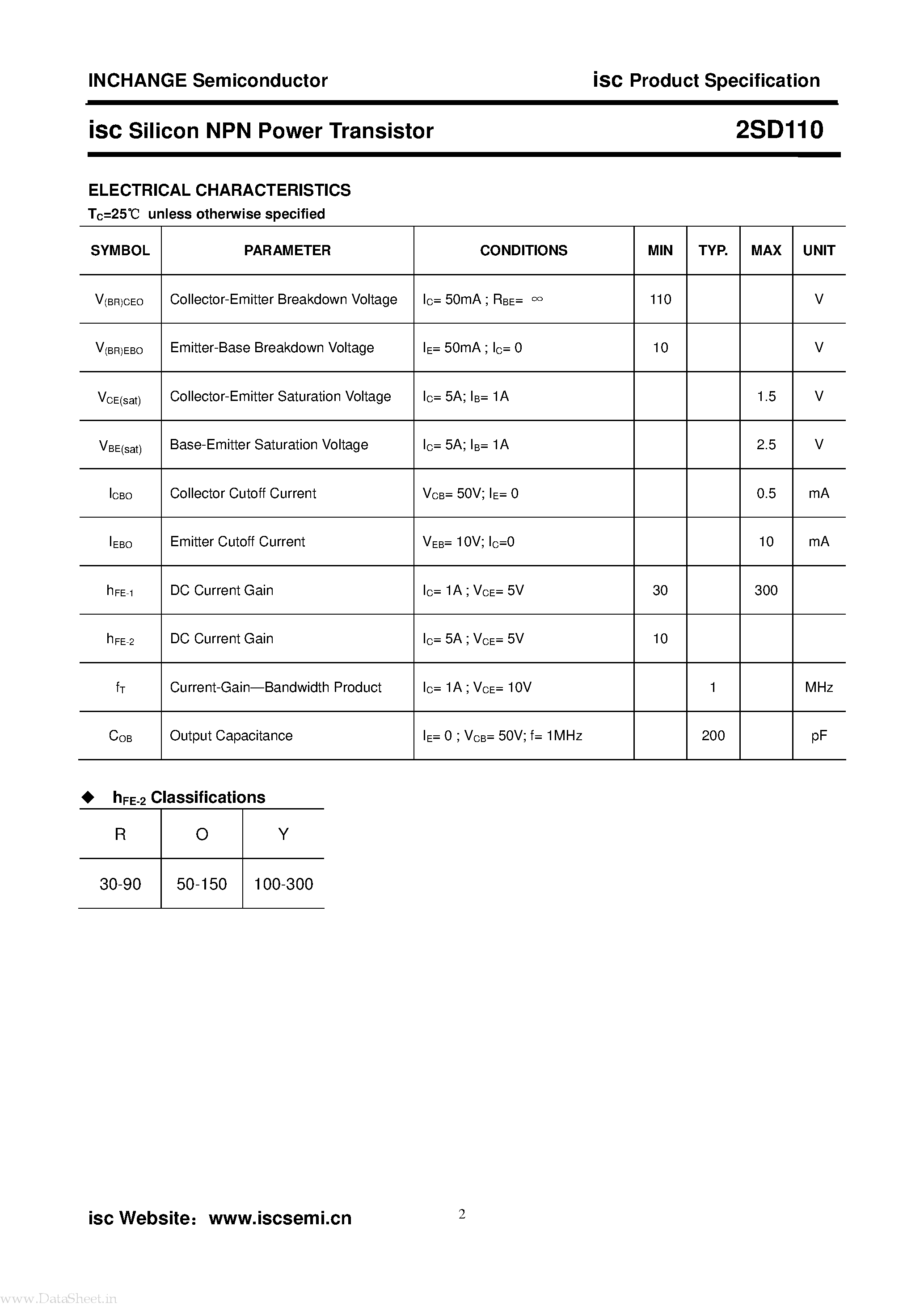 Datasheet 2SD110 page 2 Datasheet 2SD110 - Silicon NPN Power Transistor page 2