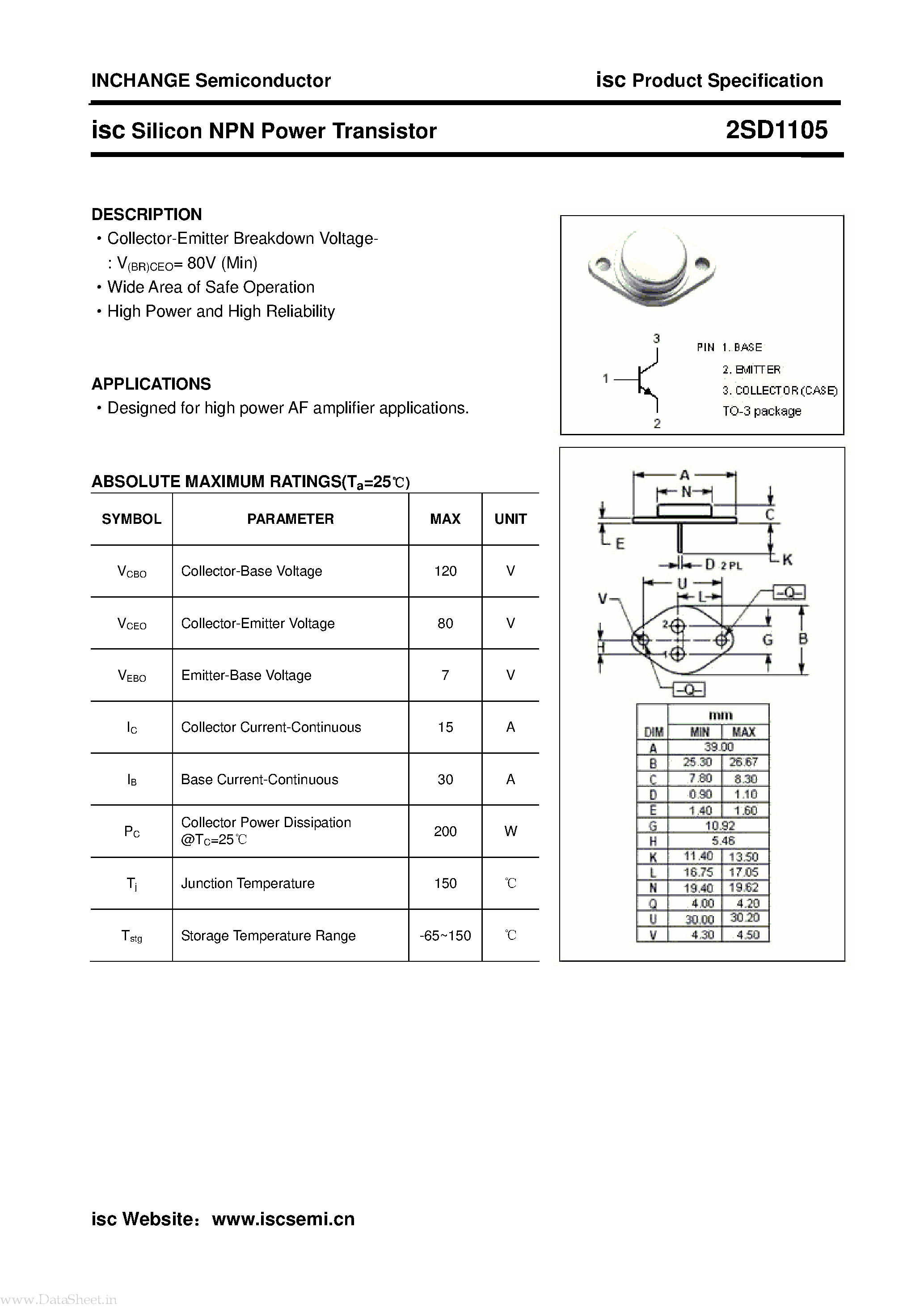 Даташит на микросхему 2SD1105 страница 1 Даташит 2SD1105 - Silicon NPN Power Transistor страница 1