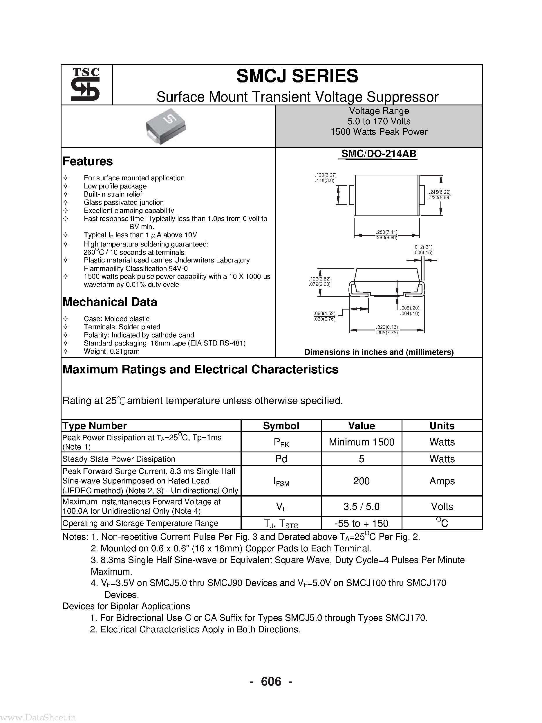 Datasheet SMCJ10 - (SMCJxx) Surface Mount Transient Voltage Suppressor page 1