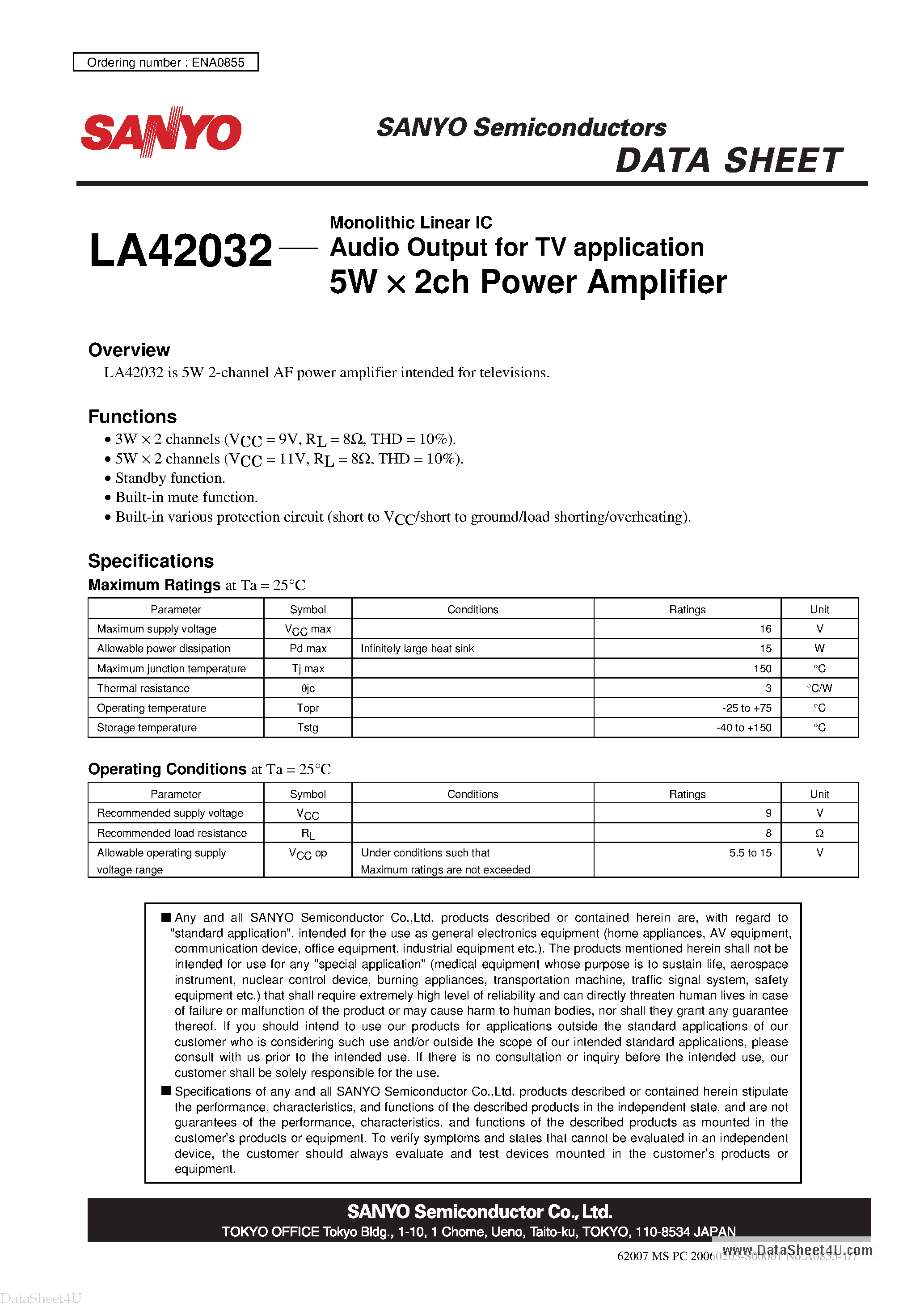 Даташит LA42032 - 5W X 2ch Power Amplifier страница 1