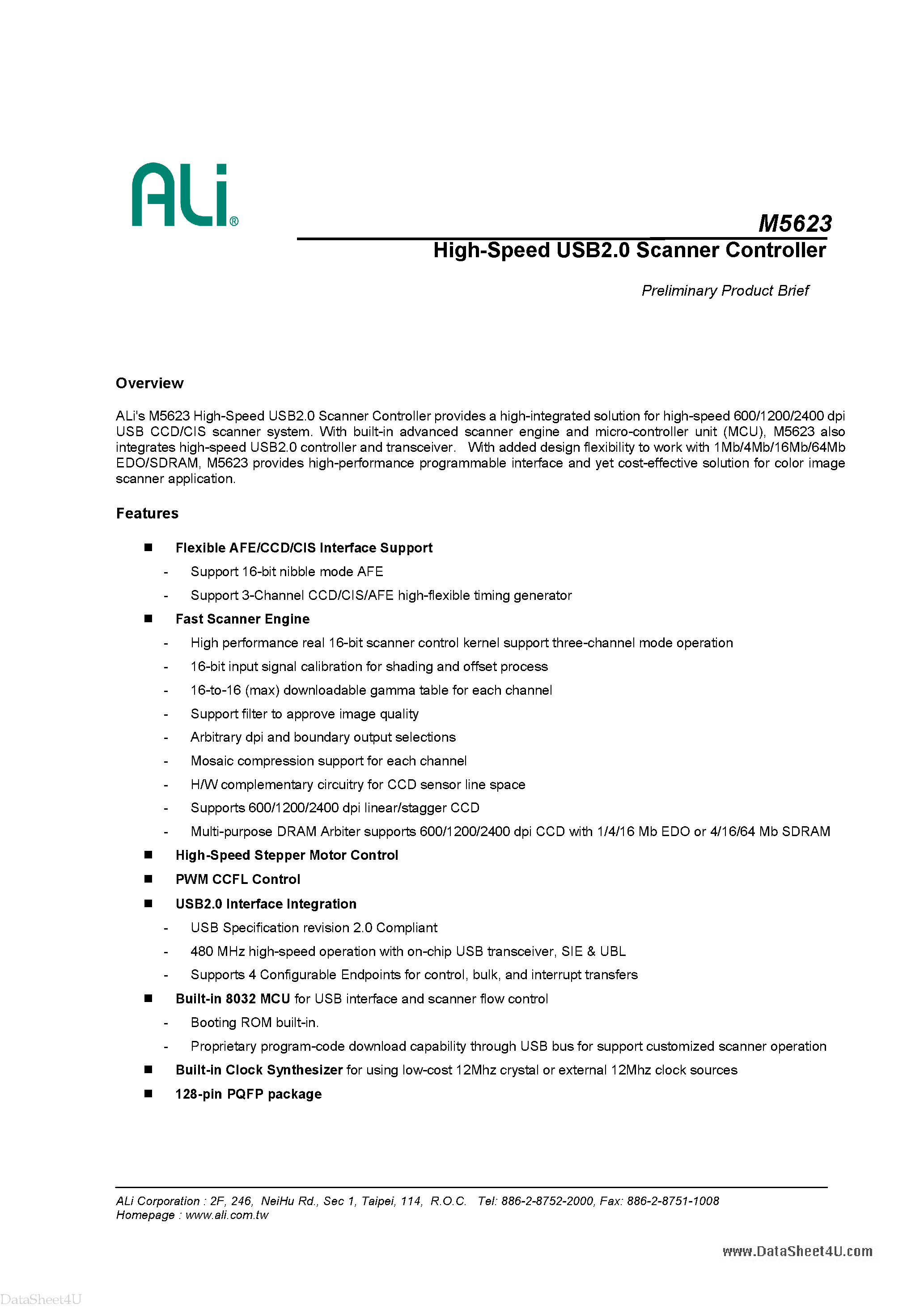 Datasheet M5623 - High-Speed USB2.0 Scanner Controller page 1