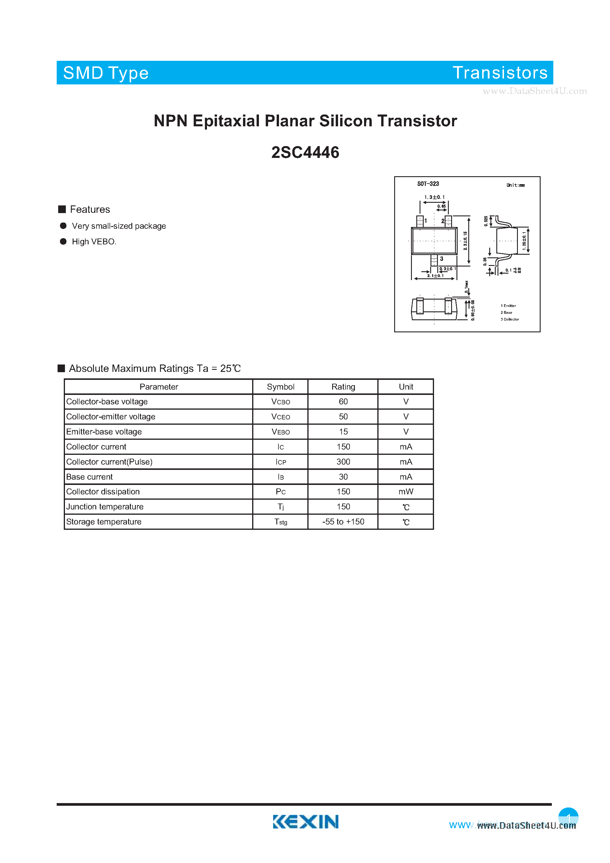 Datasheet 2SC4446 - NPN Epitaxial Planar Silicon Transistor page 1