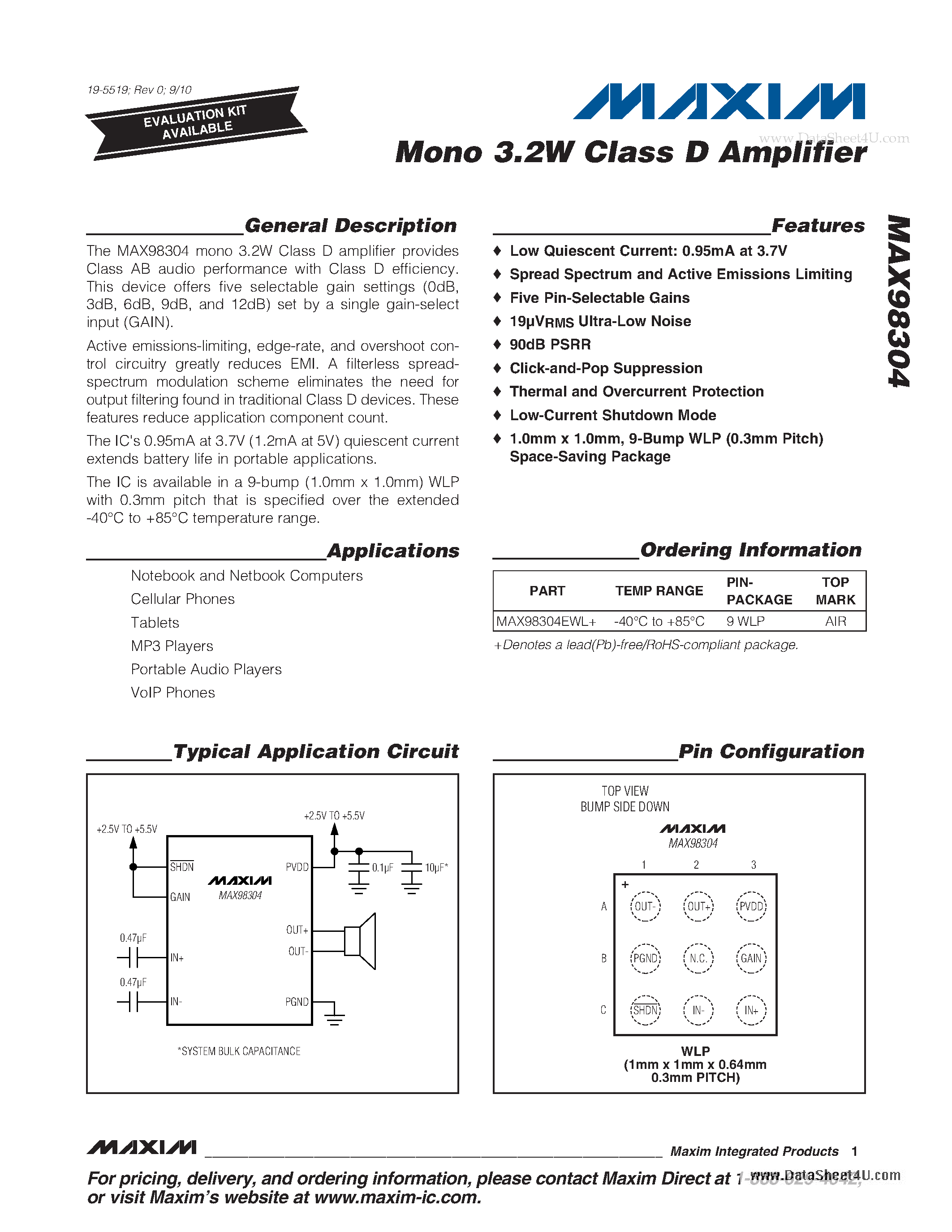 Даташит на микросхему MAX98304 страница 1 Даташит MAX98304 - mono 3.2W Class D amplifier provides Class AB audio performance страница 1
