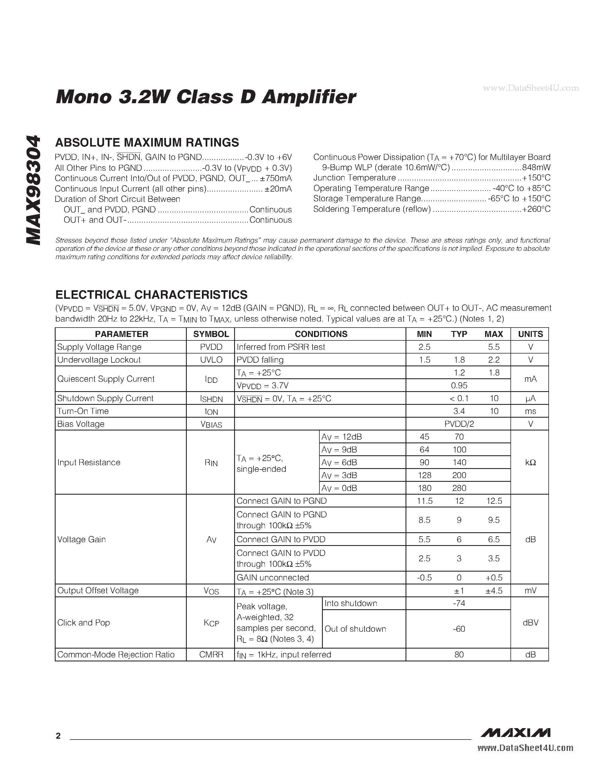 Даташит на микросхему MAX98304 страница 2 Даташит MAX98304 - mono 3.2W Class D amplifier provides Class AB audio performance страница 2