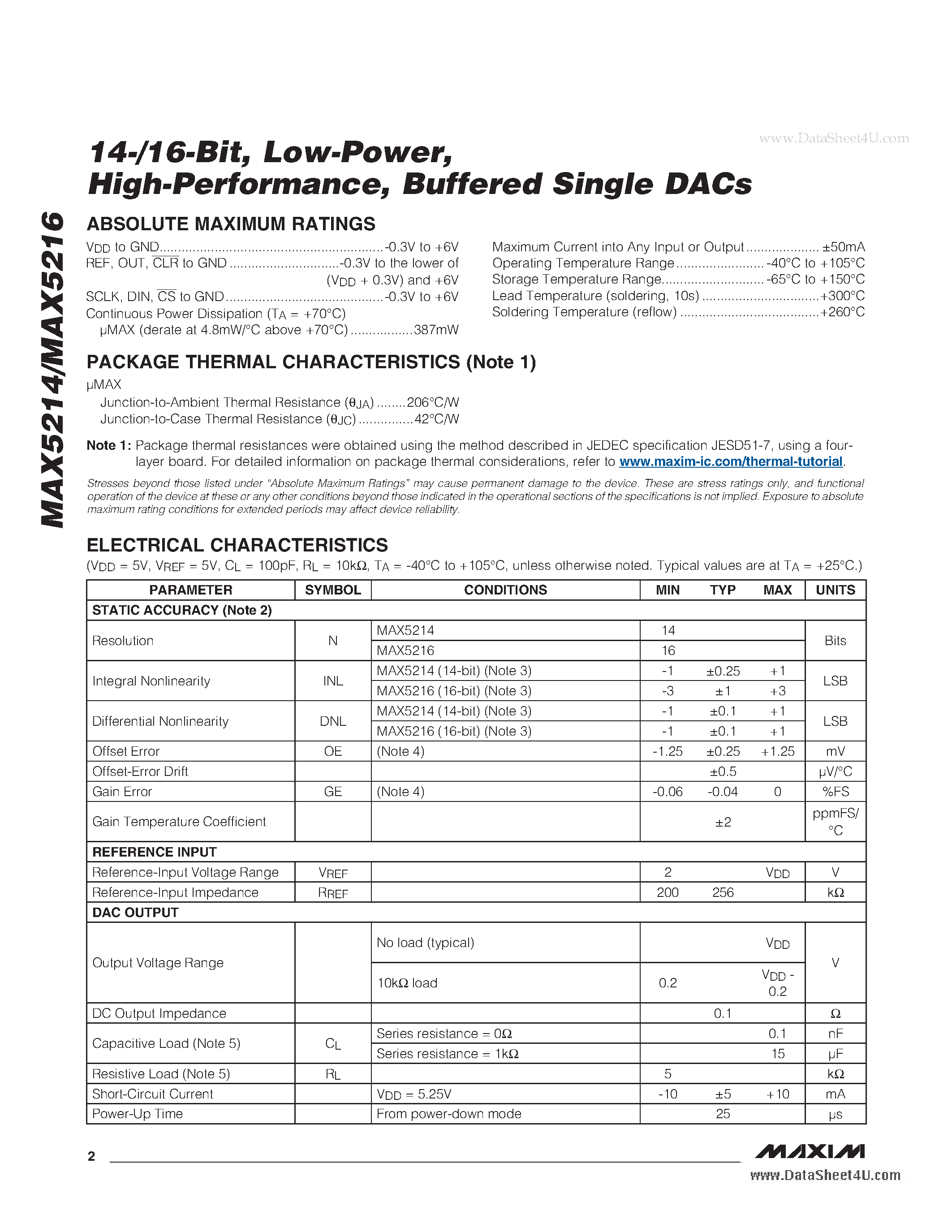 Даташит MAX5214 - (MAX5214 / MAX5216) Buffered Single DACs страница 2