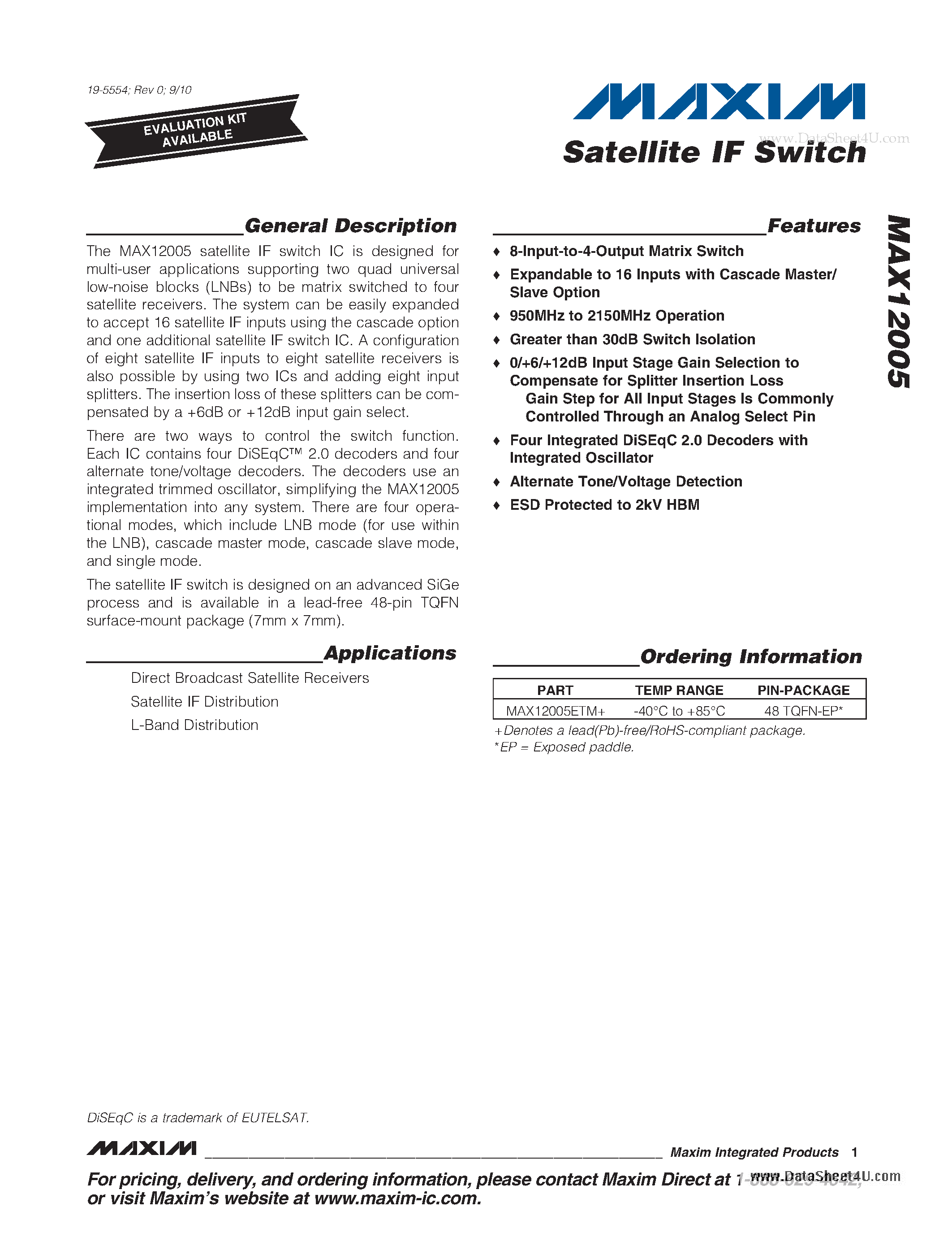 Datasheet MAX12005 page 1 Datasheet MAX12005 - 8 x 4 Satellite IF Switch Matrix page 1