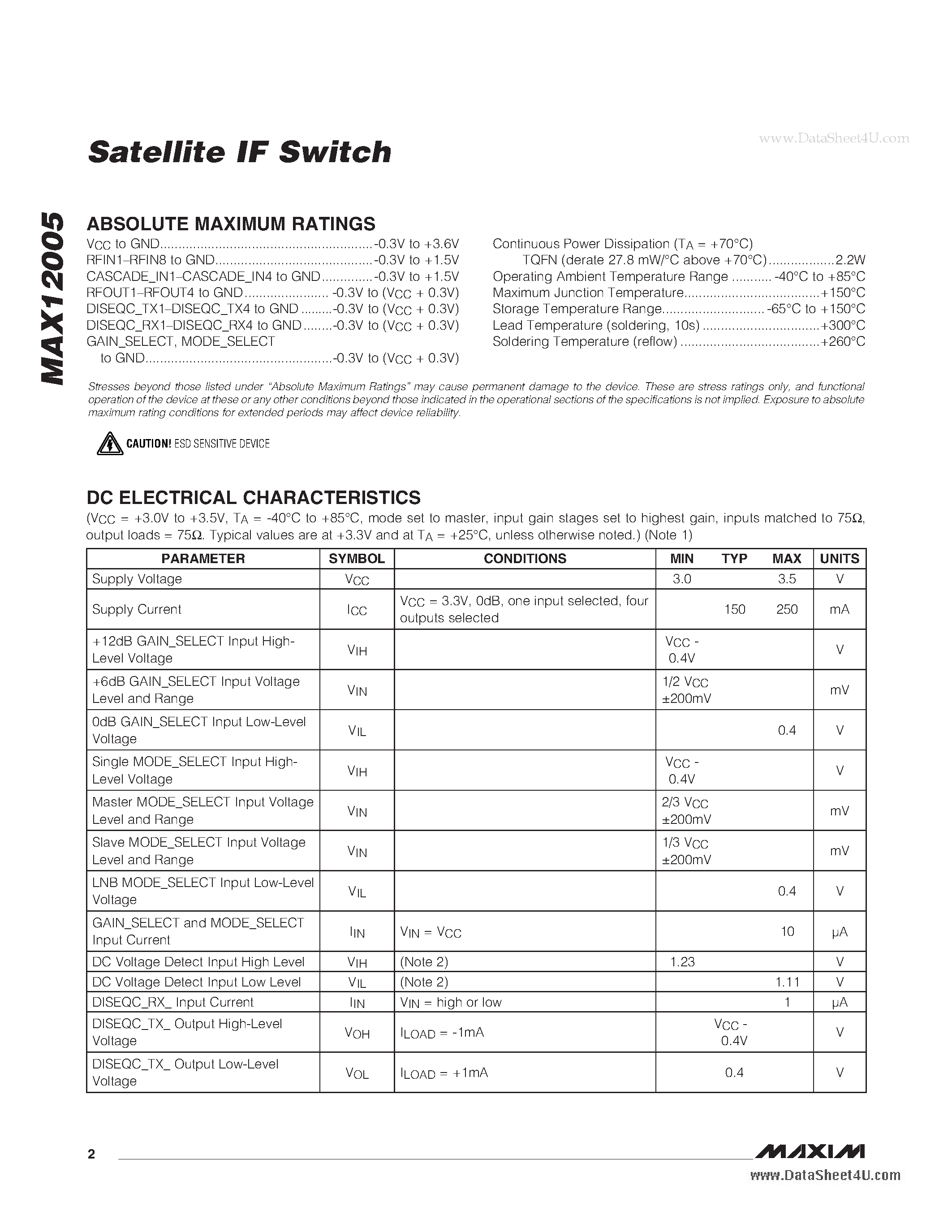 Datasheet MAX12005 page 2 Datasheet MAX12005 - 8 x 4 Satellite IF Switch Matrix page 2