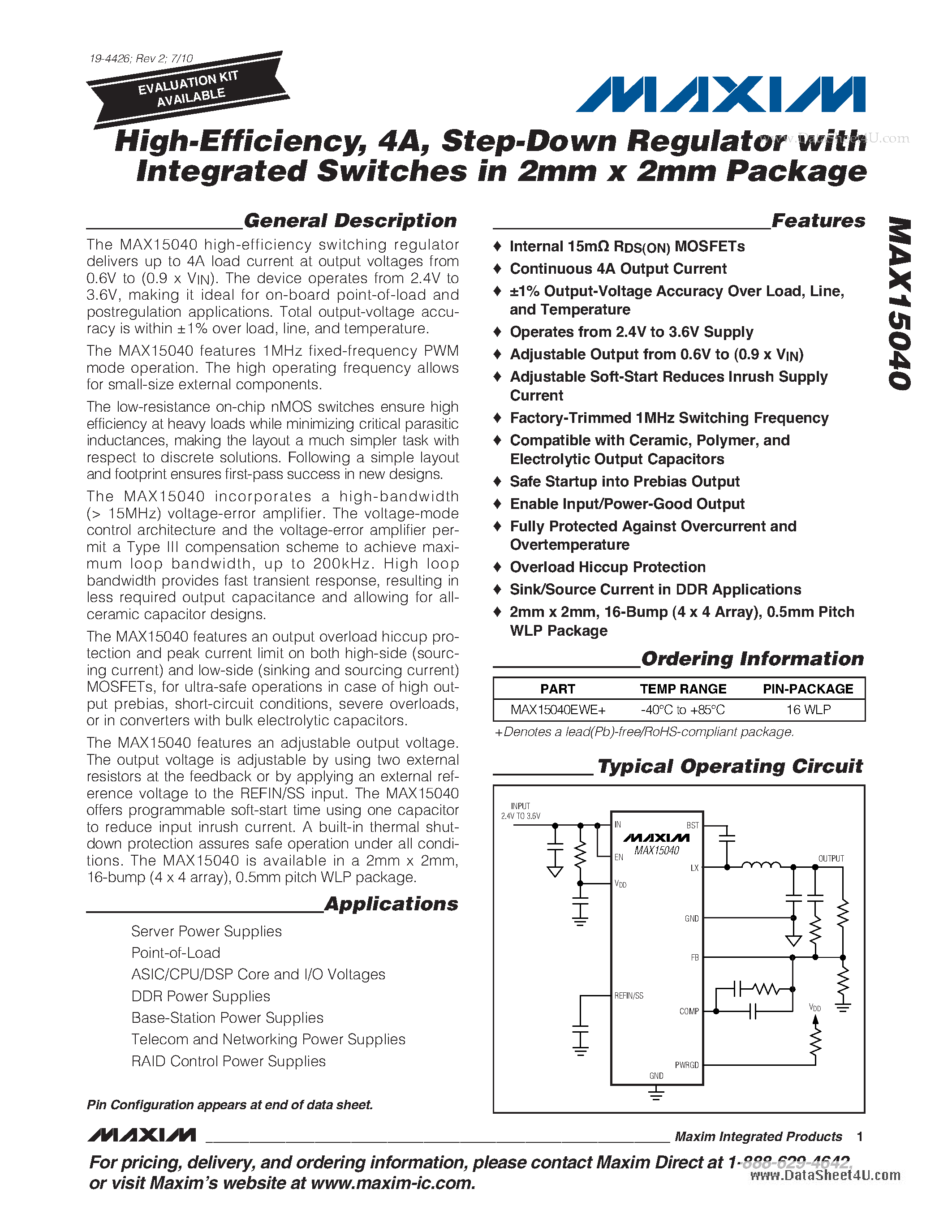 Datasheet MAX15040 - Step-Down Regulator page 1