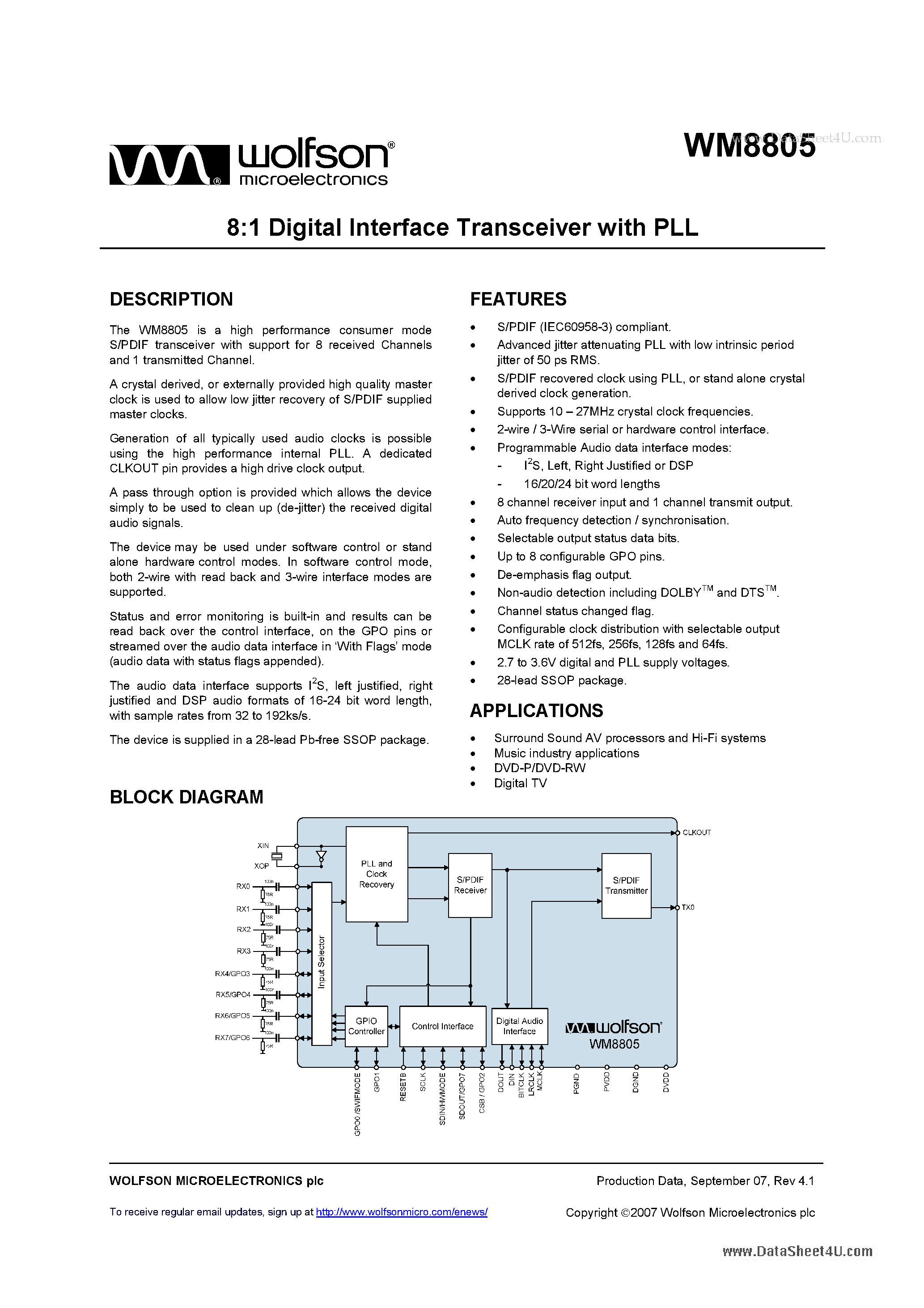 Даташит на микросхему WM8805 страница 1 Даташит WM8805 - 8:1 Digital Interface Transceiver страница 1