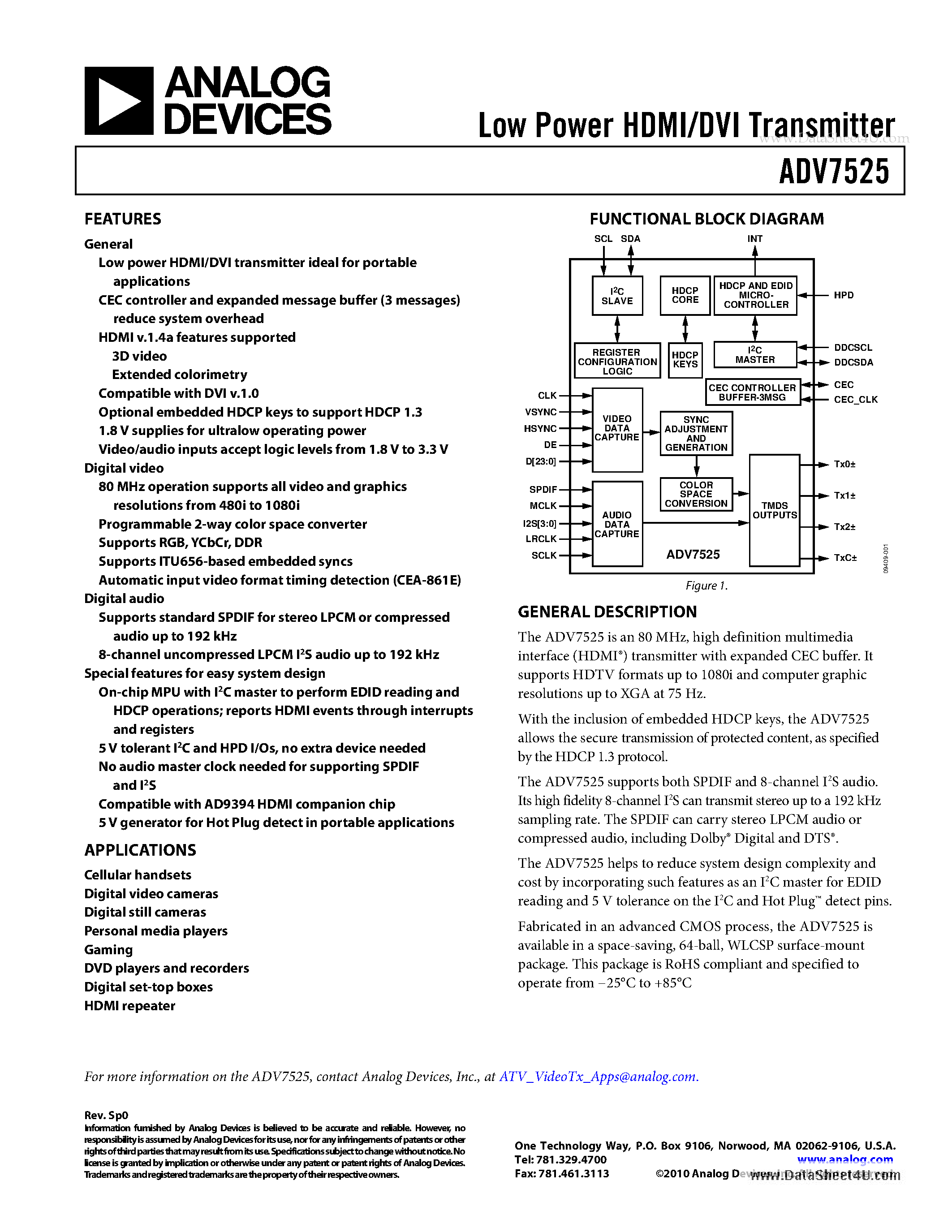 Даташит ADV7525 - Low Power HDMI/DVI Transmitter страница 1
