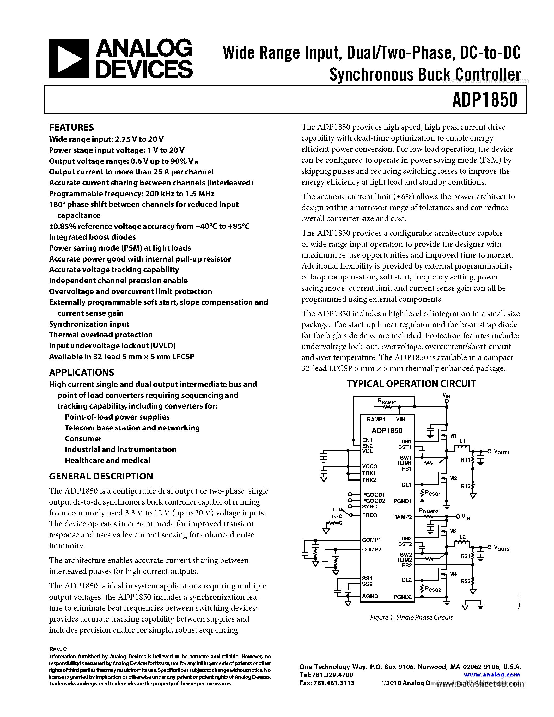 Datasheet ADP1850 - DC-to-DC Synchronous Buck Controller page 1