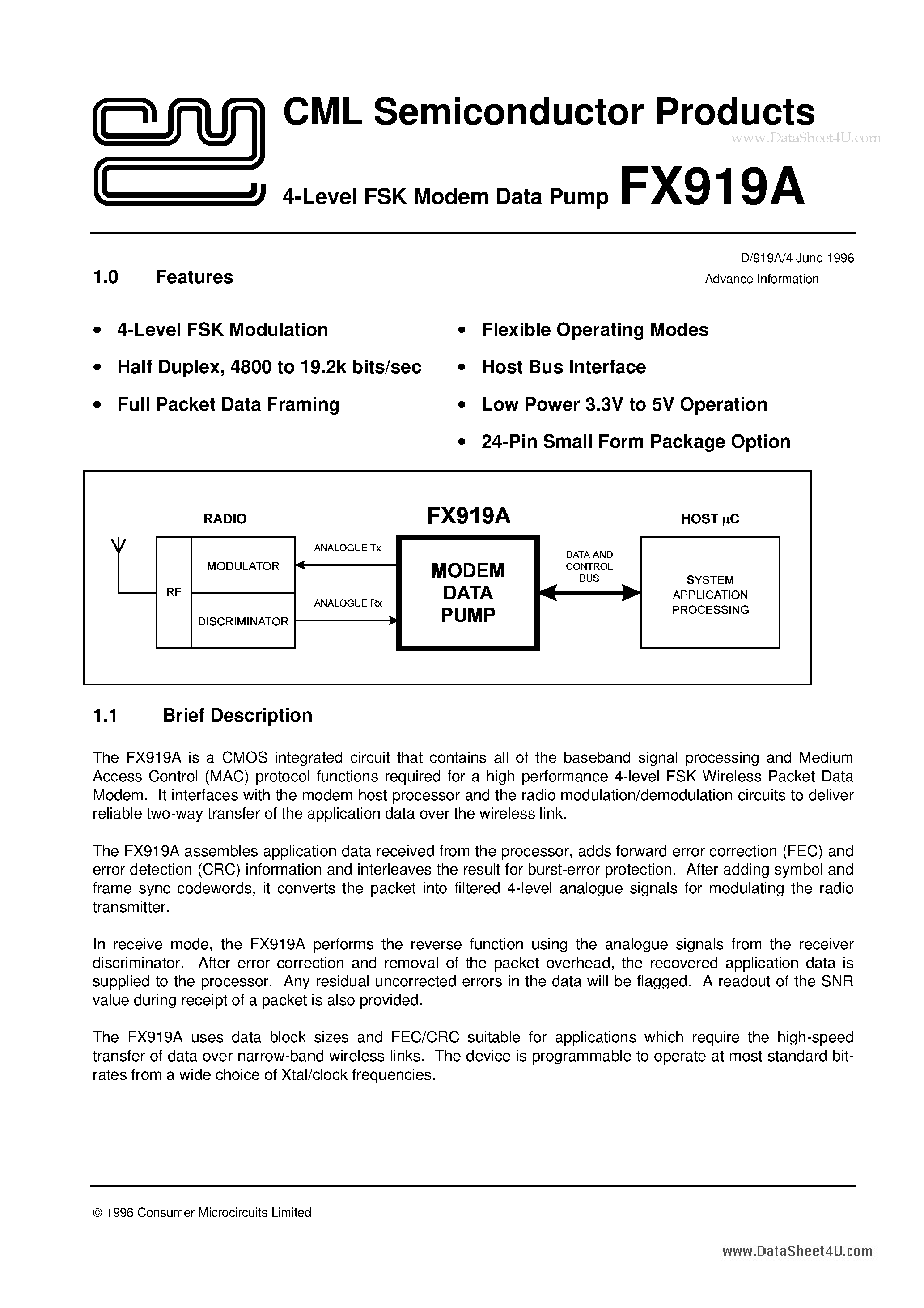 Даташит FX919A - 4-Level FSK Modem Data Pump страница 1