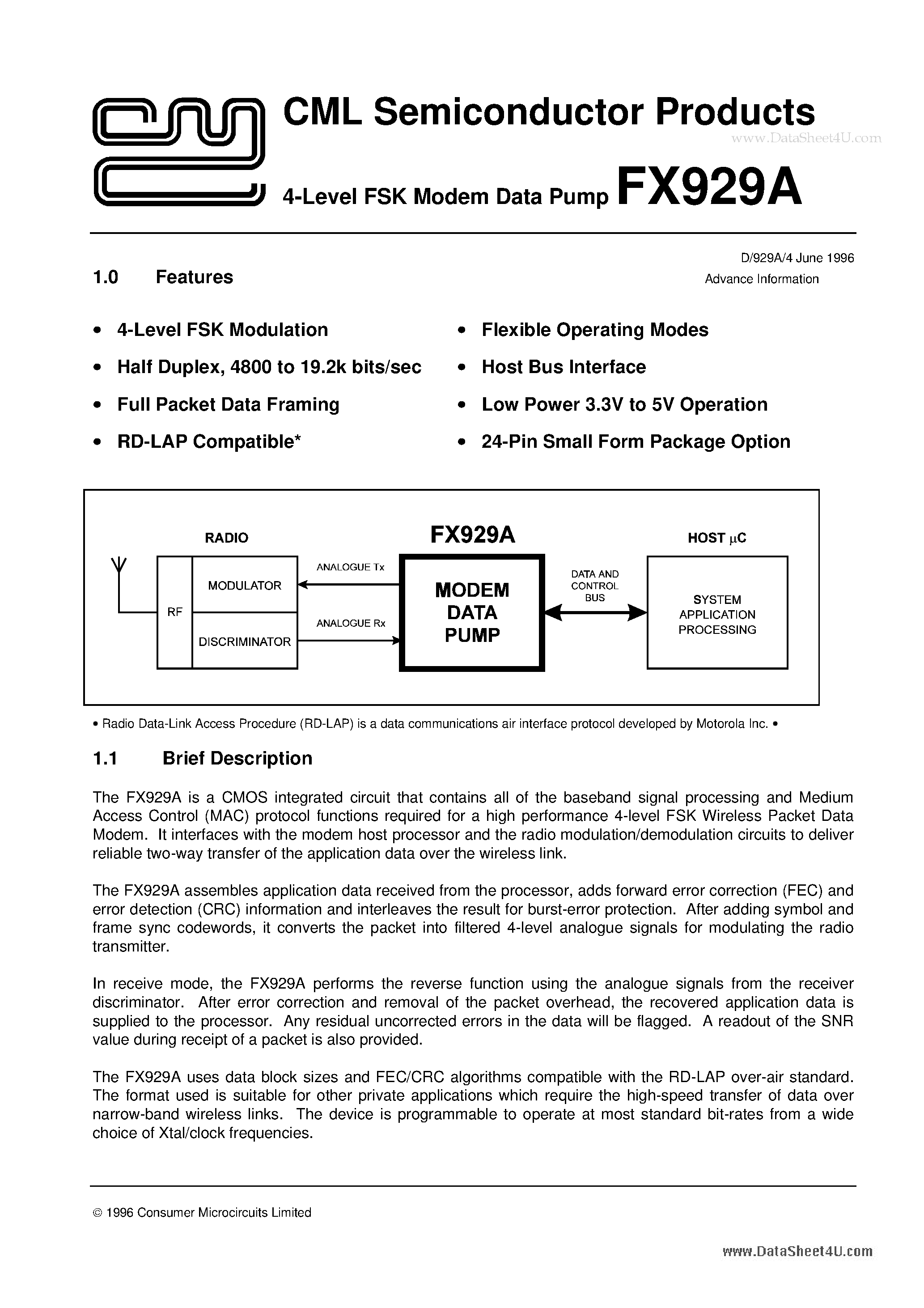 Даташит FX929A - 4-Level FSK Modem Data Pump страница 1