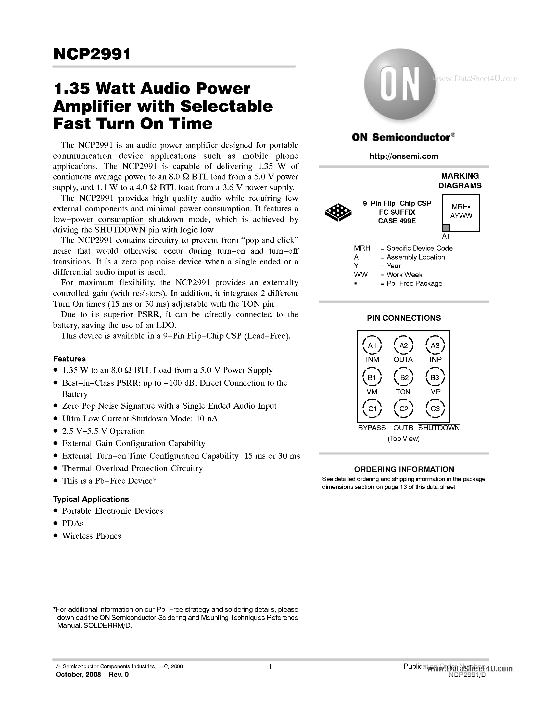 Datasheet NCP2991 - 1.35 Watt Audio Power Amplifier page 1