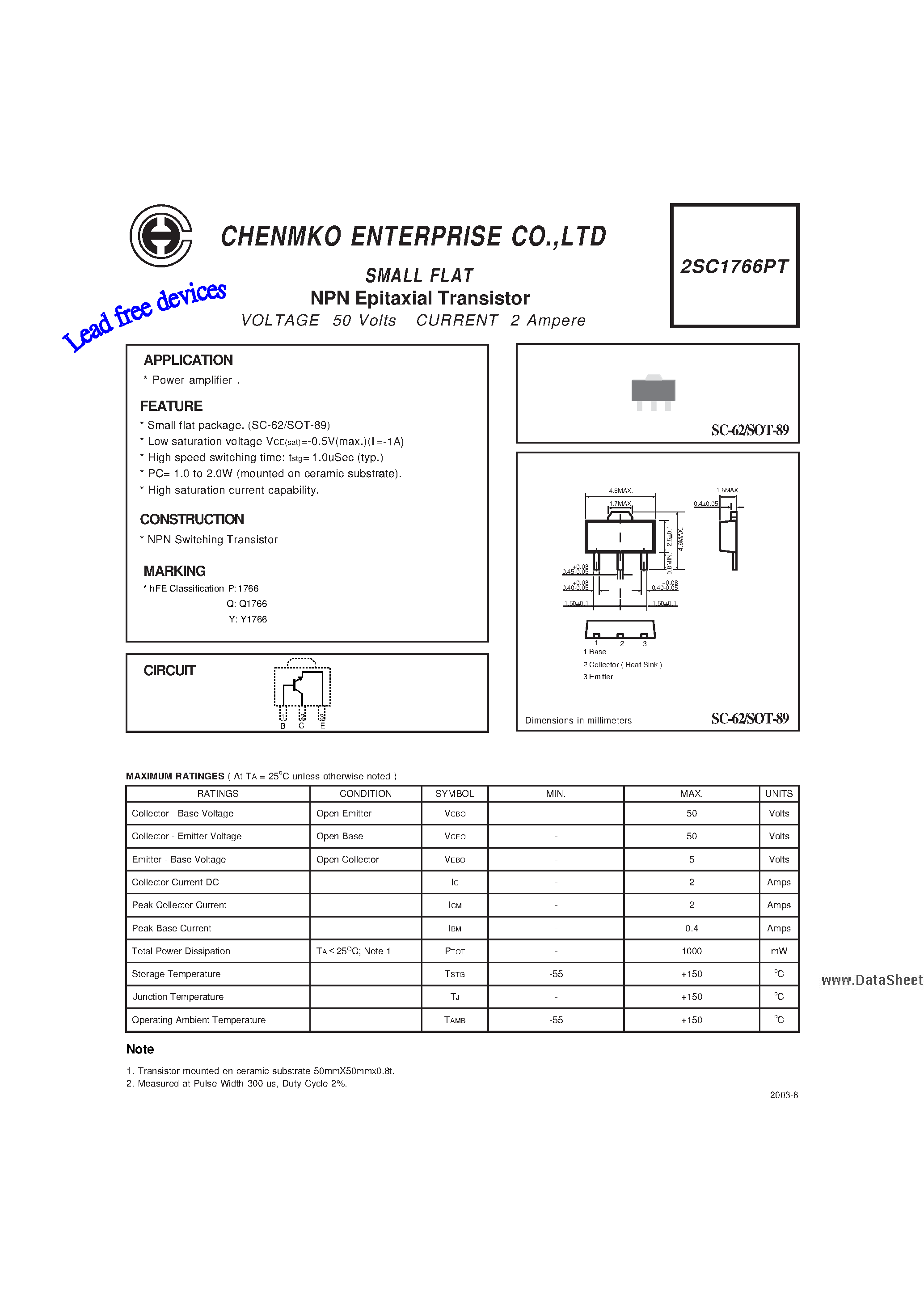 Datasheet 2SC1766PT - NPN Epitaxial Transistor page 1