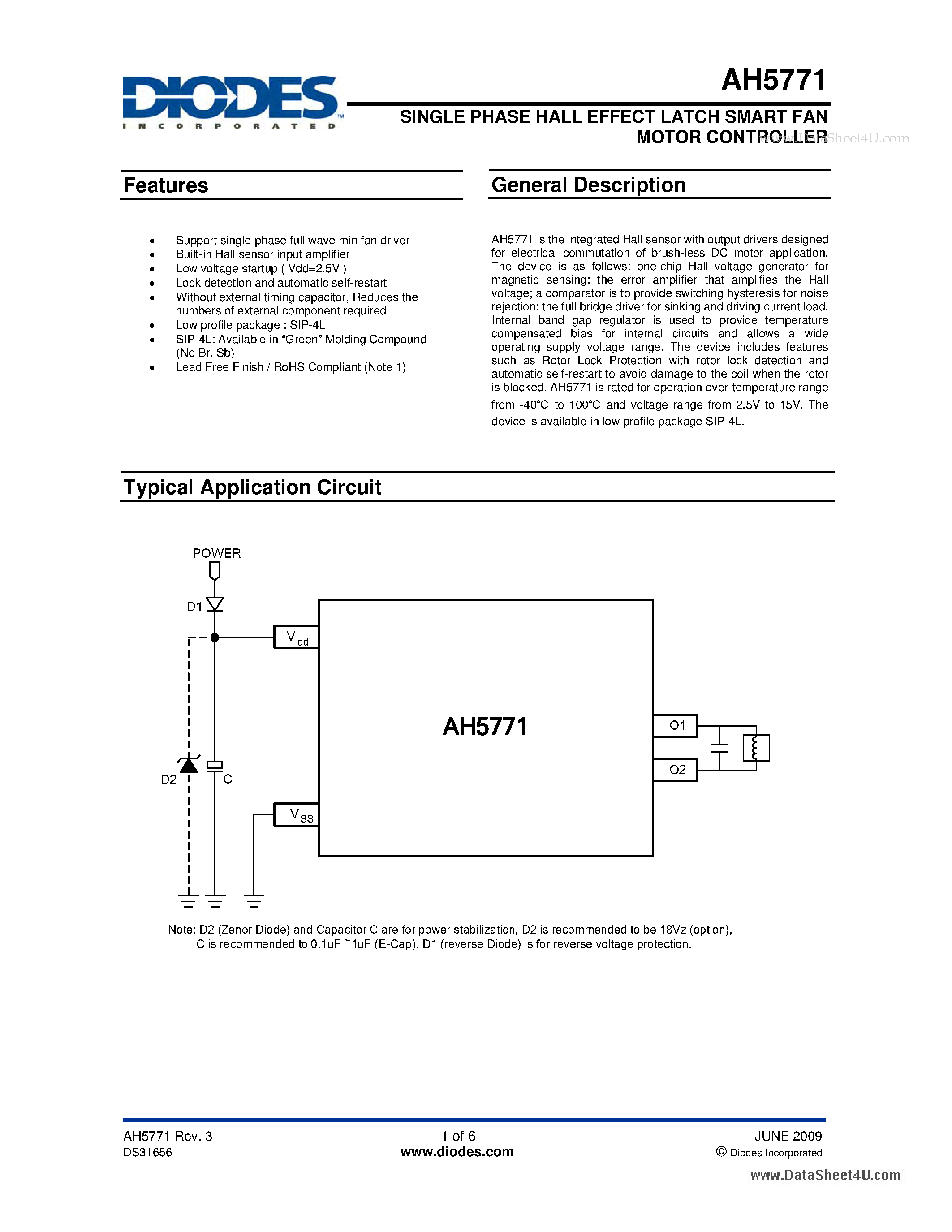 Datasheet AH5771 - SINGLE PHASE HALL EFFECT LATCH SMART FAN page 1