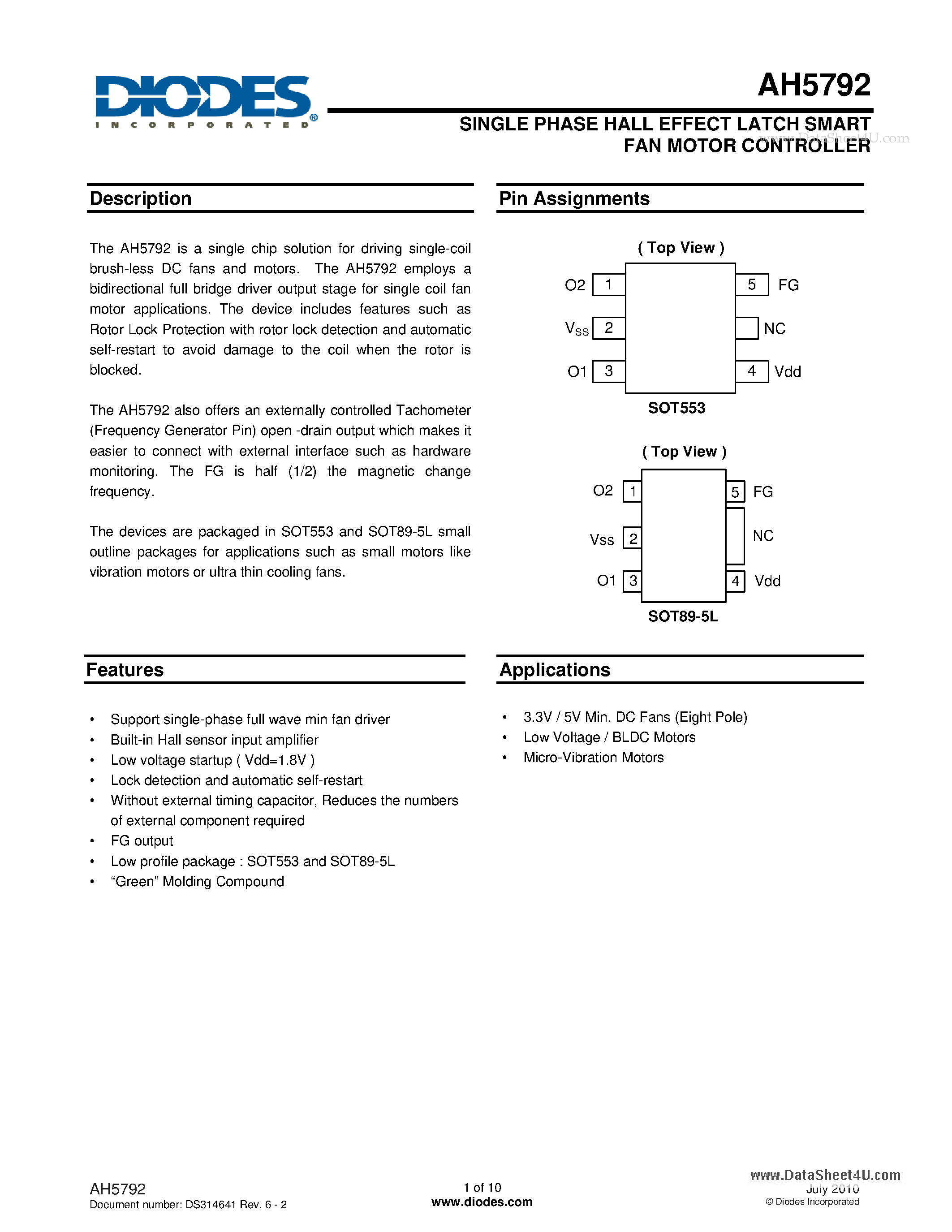 Datasheet AH5792 - SINGLE PHASE HALL EFFECT LATCH SMART FAN MOTOR CONTROLLER page 1