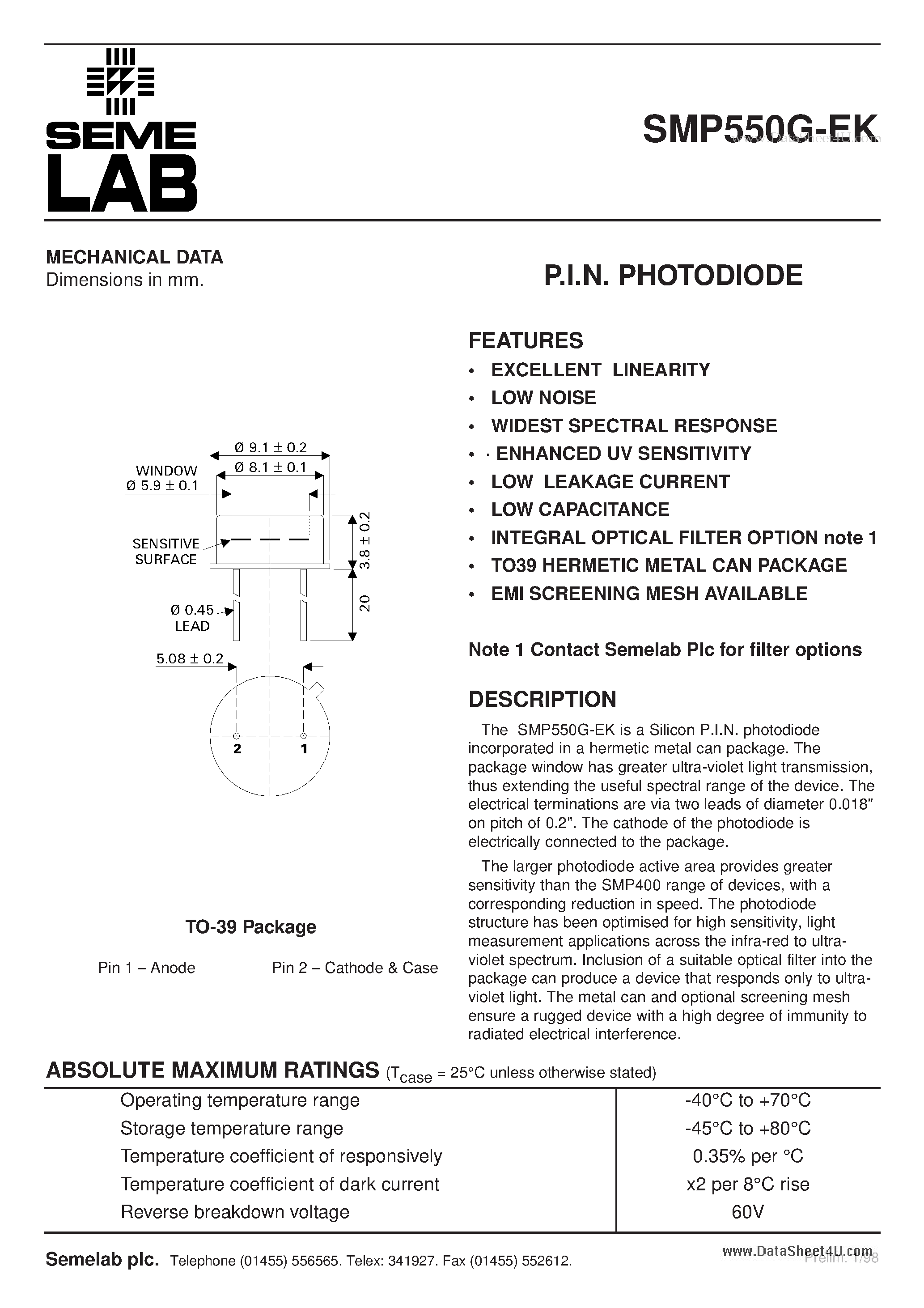 Datasheet SMP550G-EK page 1 Datasheet SMP550G-EK - P.I.N. PHOTODIODE page 1