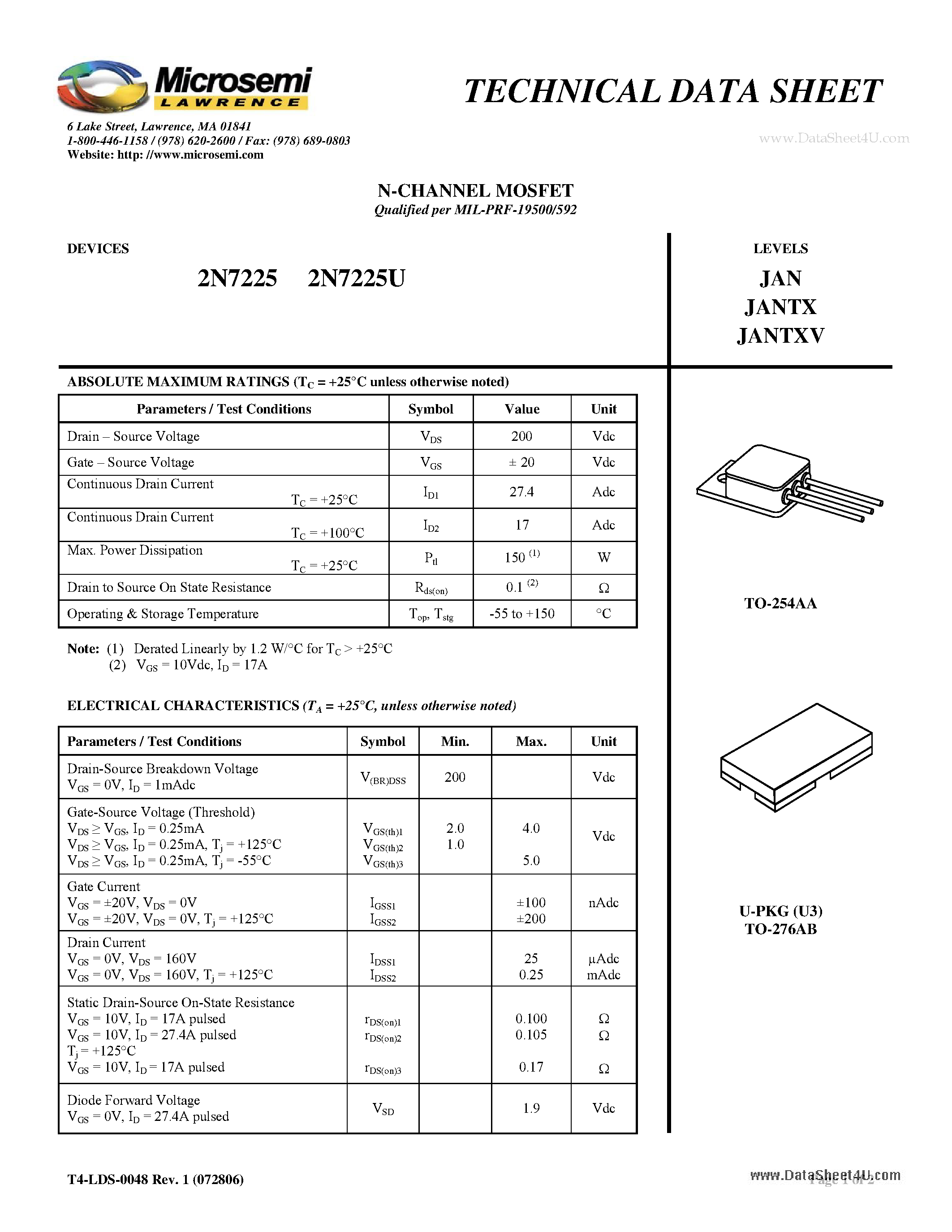Даташит на микросхему 2N7225 страница 1 Даташит 2N7225 - N-CHANNEL MOSFET страница 1