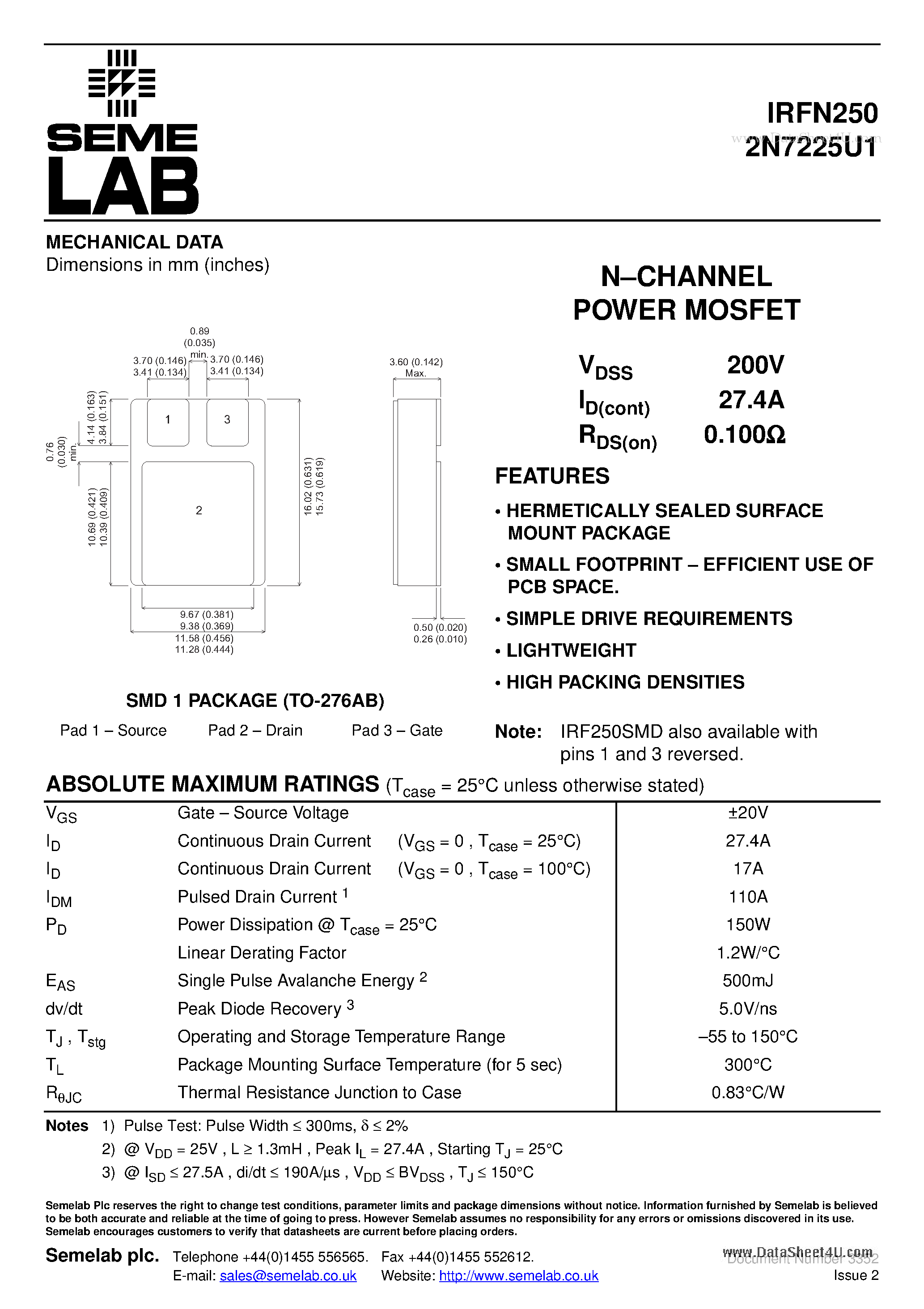Даташит на микросхему 2N7225U1 страница 1 Даташит 2N7225U1 - N-CHANNEL POWER MOSFET страница 1