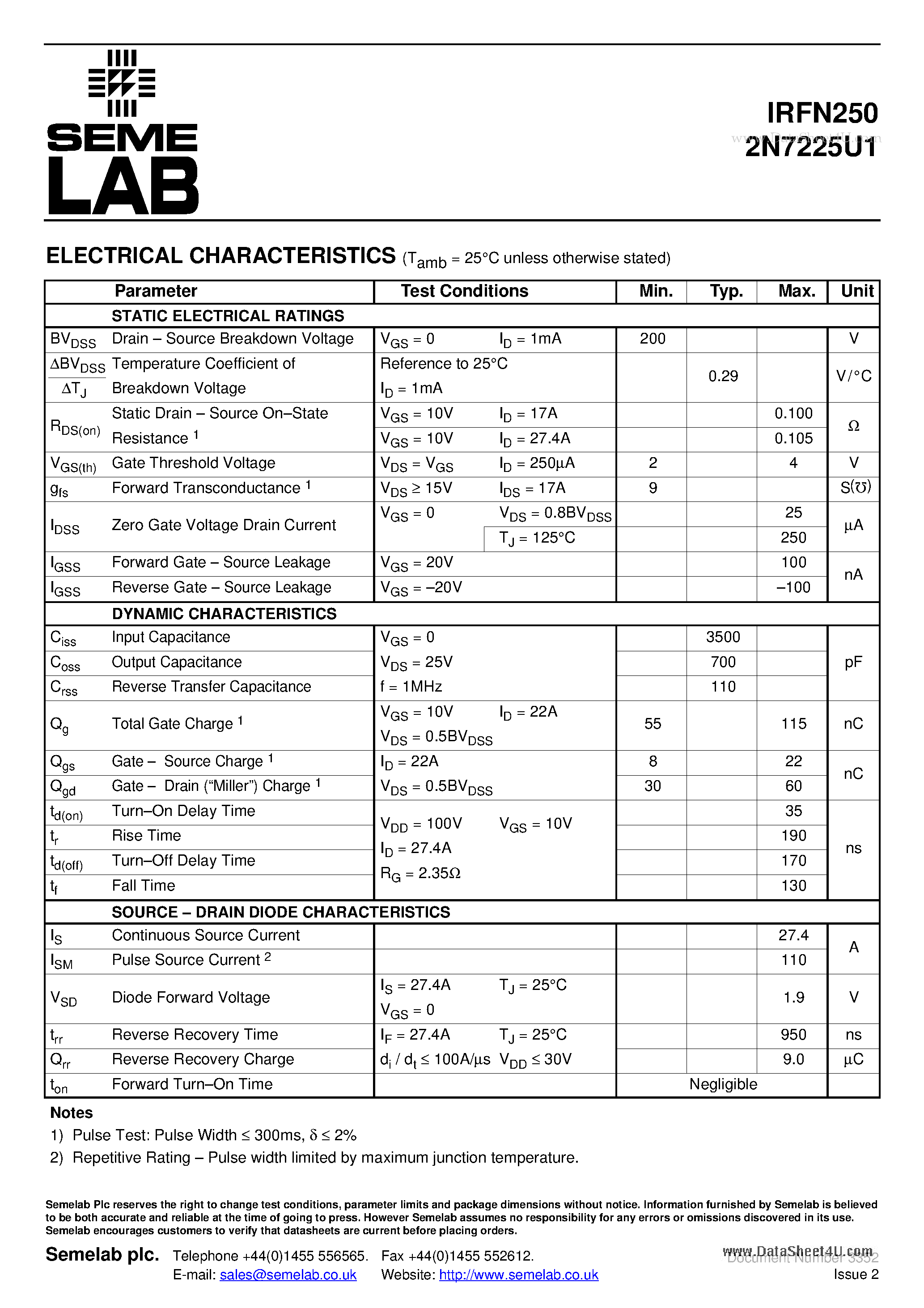 Даташит на микросхему 2N7225U1 страница 2 Даташит 2N7225U1 - N-CHANNEL POWER MOSFET страница 2
