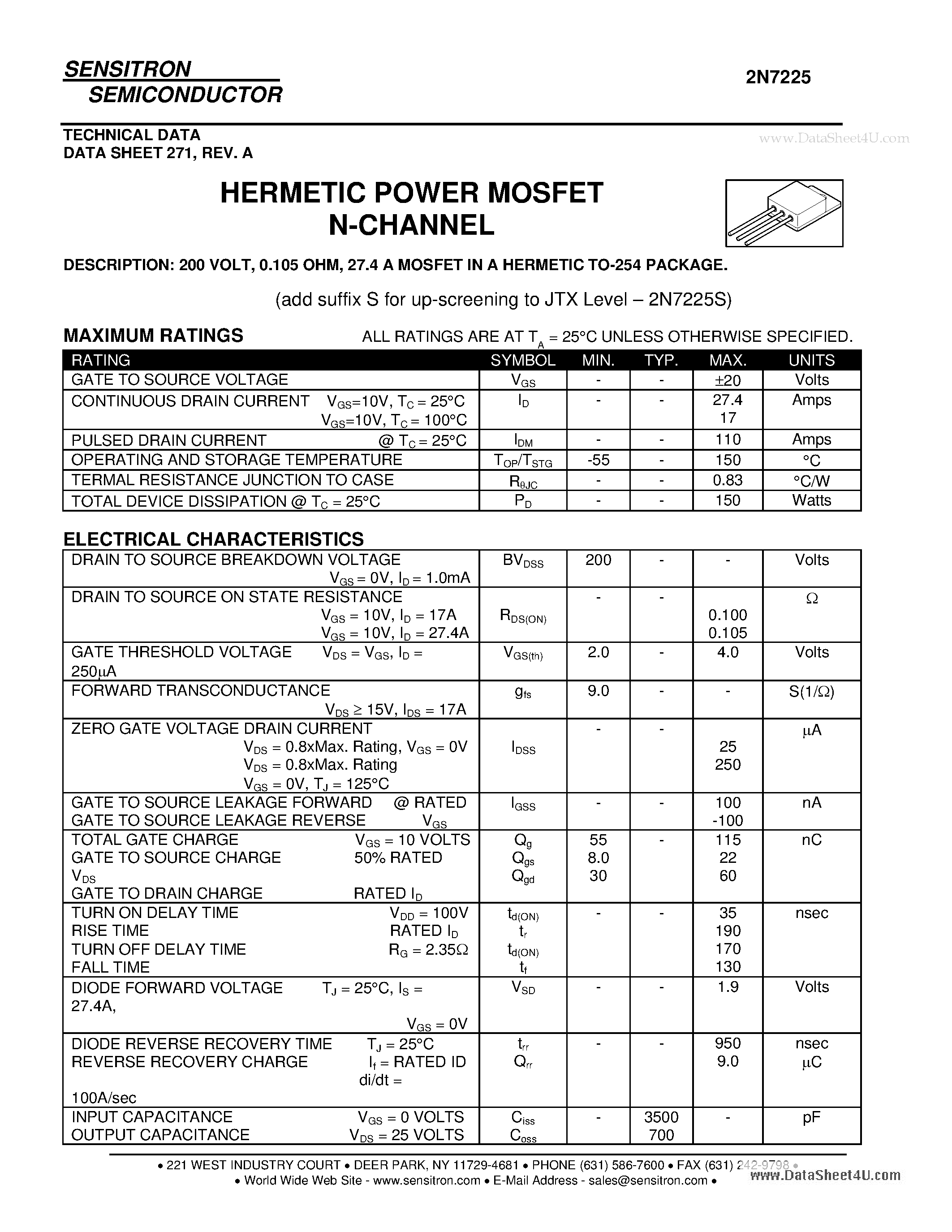 Даташит на микросхему 2N7225 страница 1 Даташит 2N7225 - HERMETIC POWER MOSFET N-CHANNEL страница 1