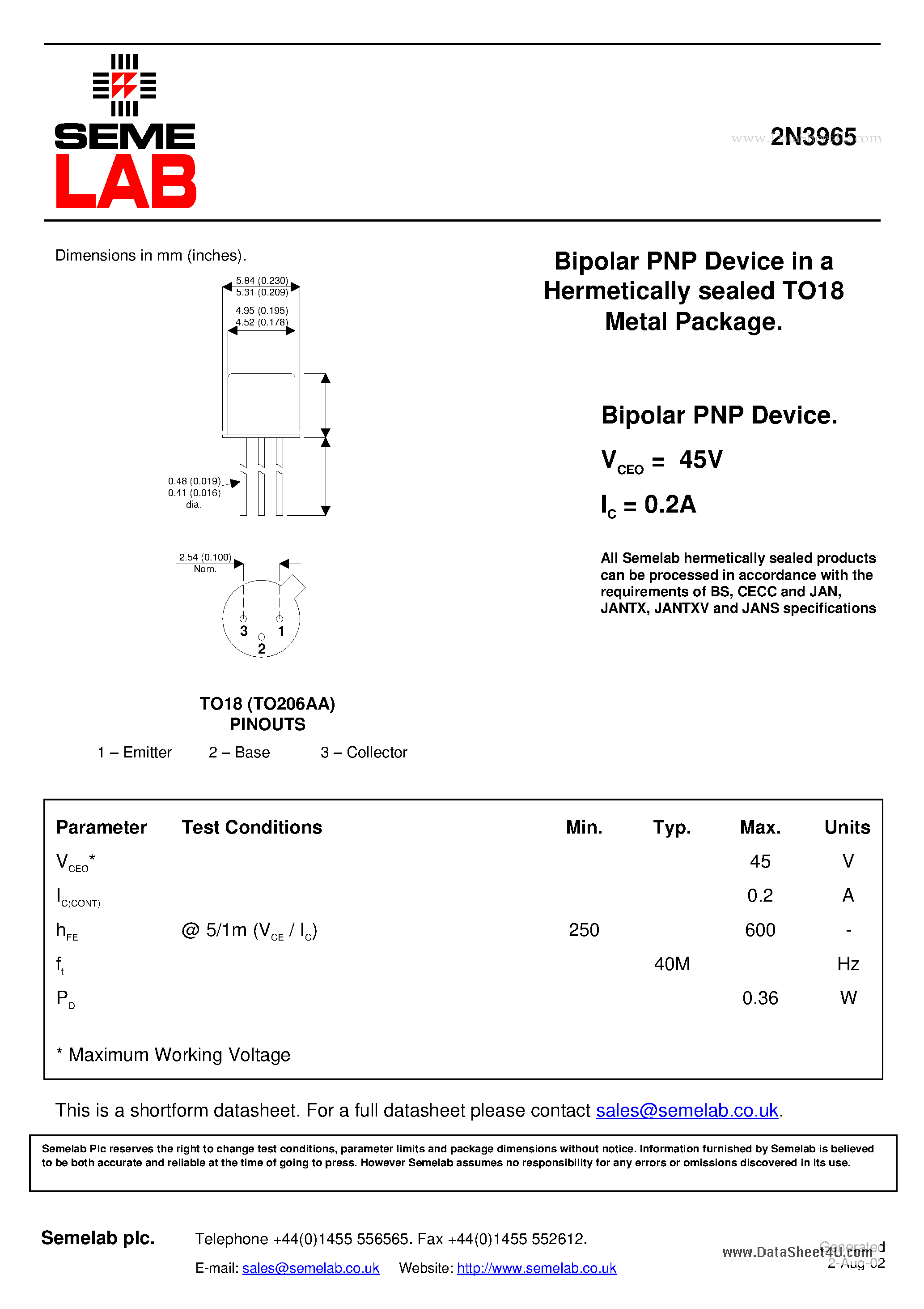 Даташит на микросхему 2N3965 страница 1 Даташит 2N3965 - Bipolar PNP Device страница 1