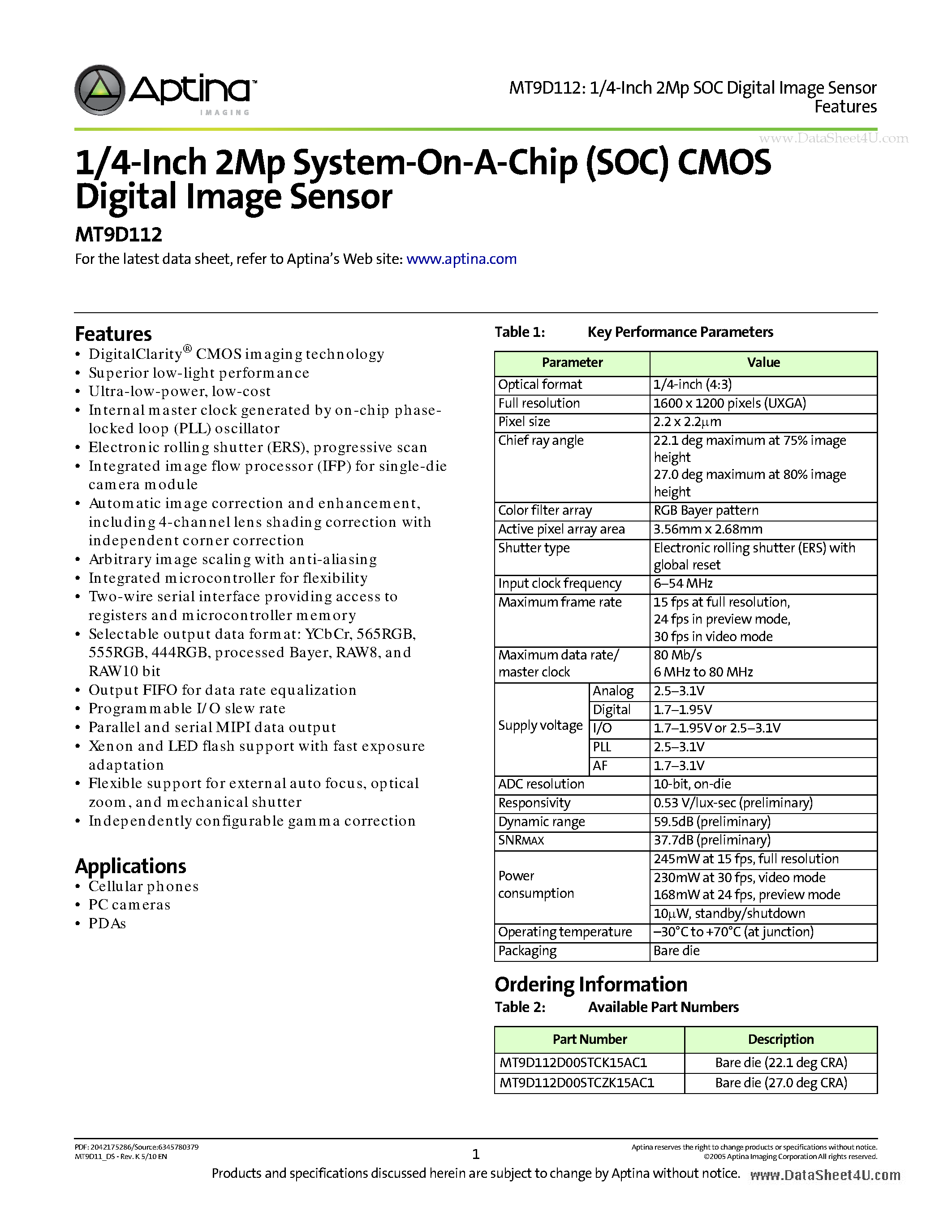 Datasheet MT9D112 - 1/4-Inch 2Mp System-On-A-Chip (SOC) CMOS Digital Image Sensor page 1