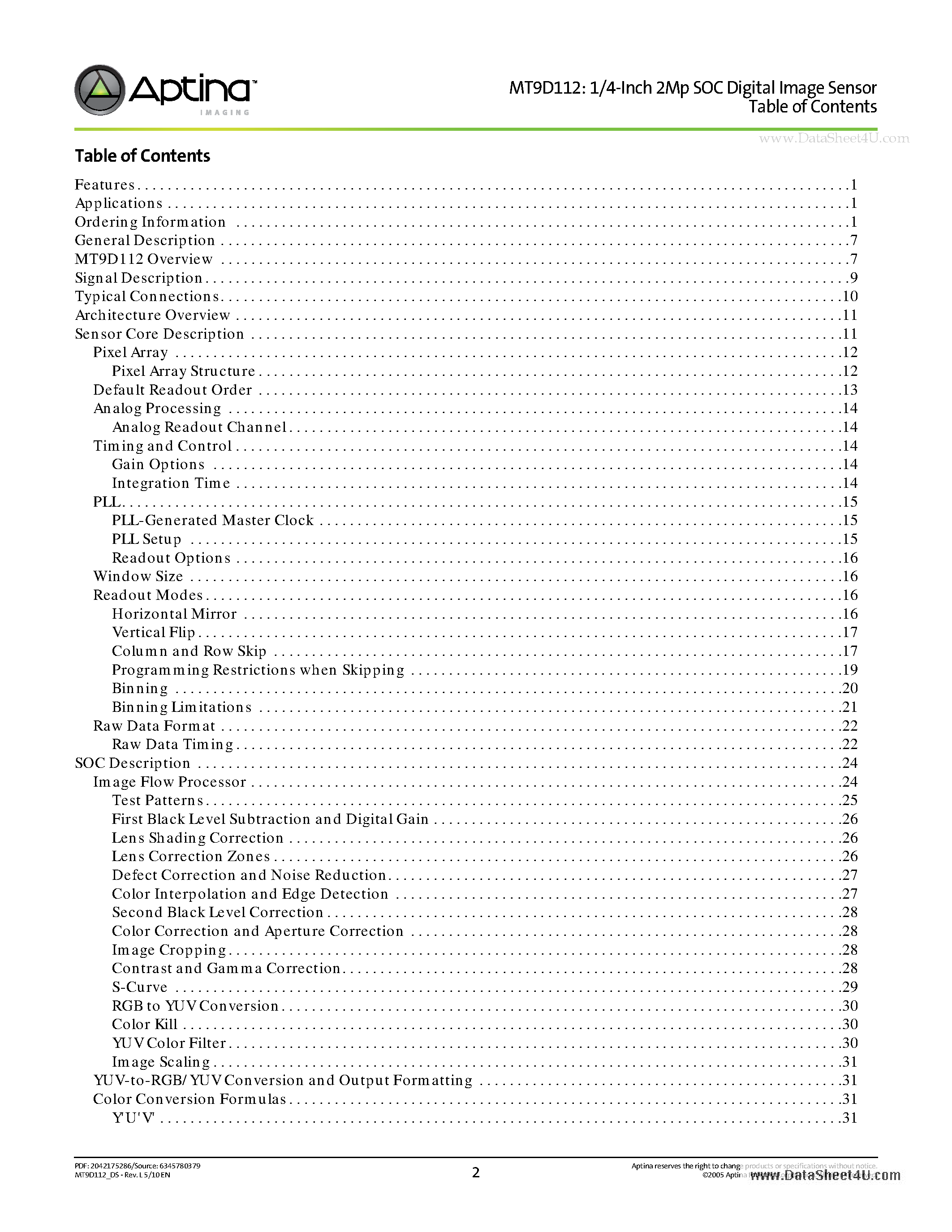 Datasheet MT9D112 - 1/4-Inch 2Mp System-On-A-Chip (SOC) CMOS Digital Image Sensor page 2