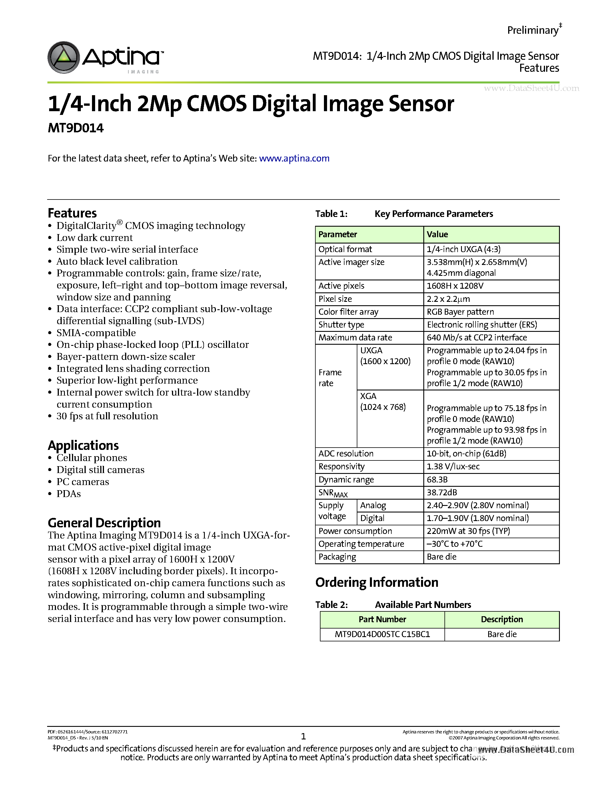 Datasheet MT9D014 - 1/4-Inch 2Mp CMOS Digital Image Sensor page 1