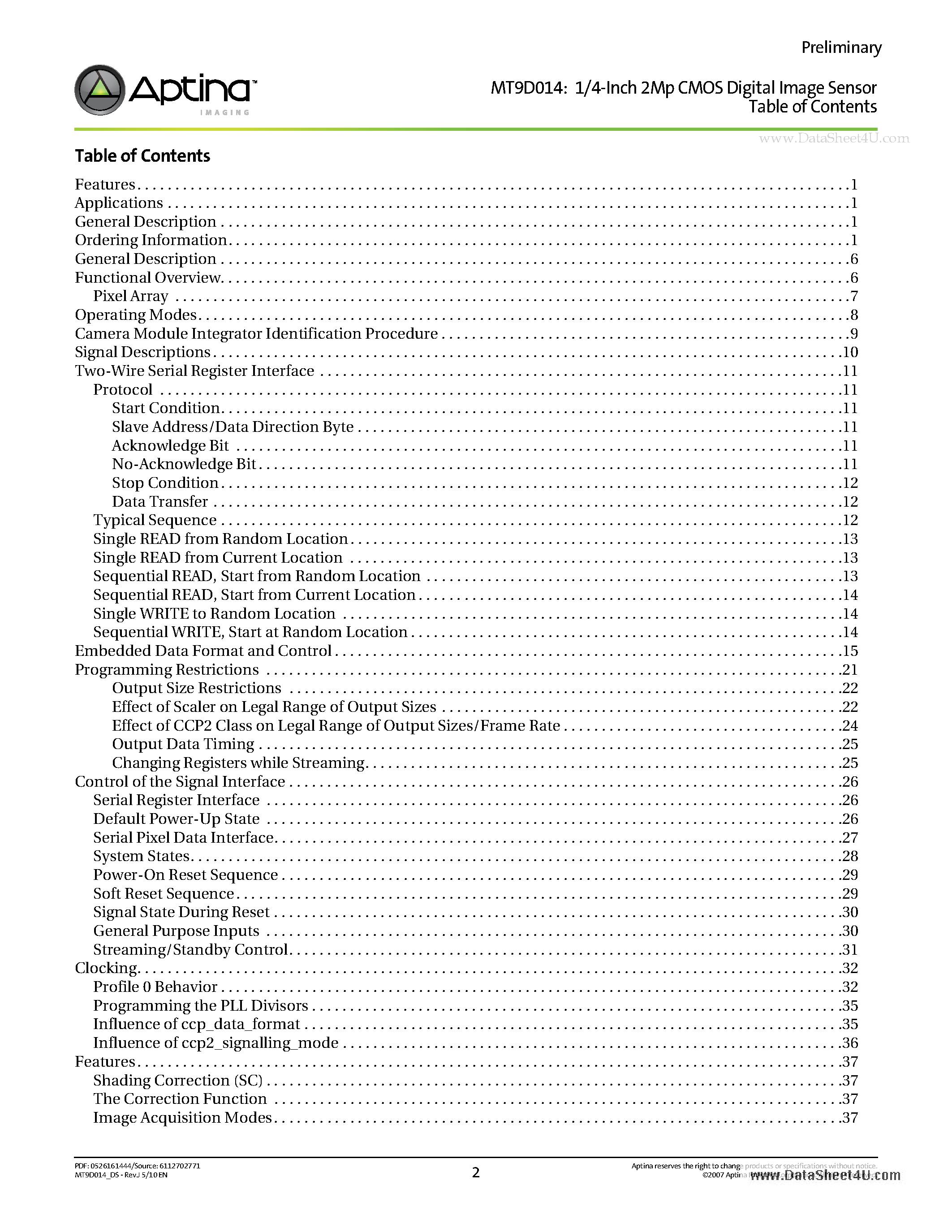 Datasheet MT9D014 - 1/4-Inch 2Mp CMOS Digital Image Sensor page 2