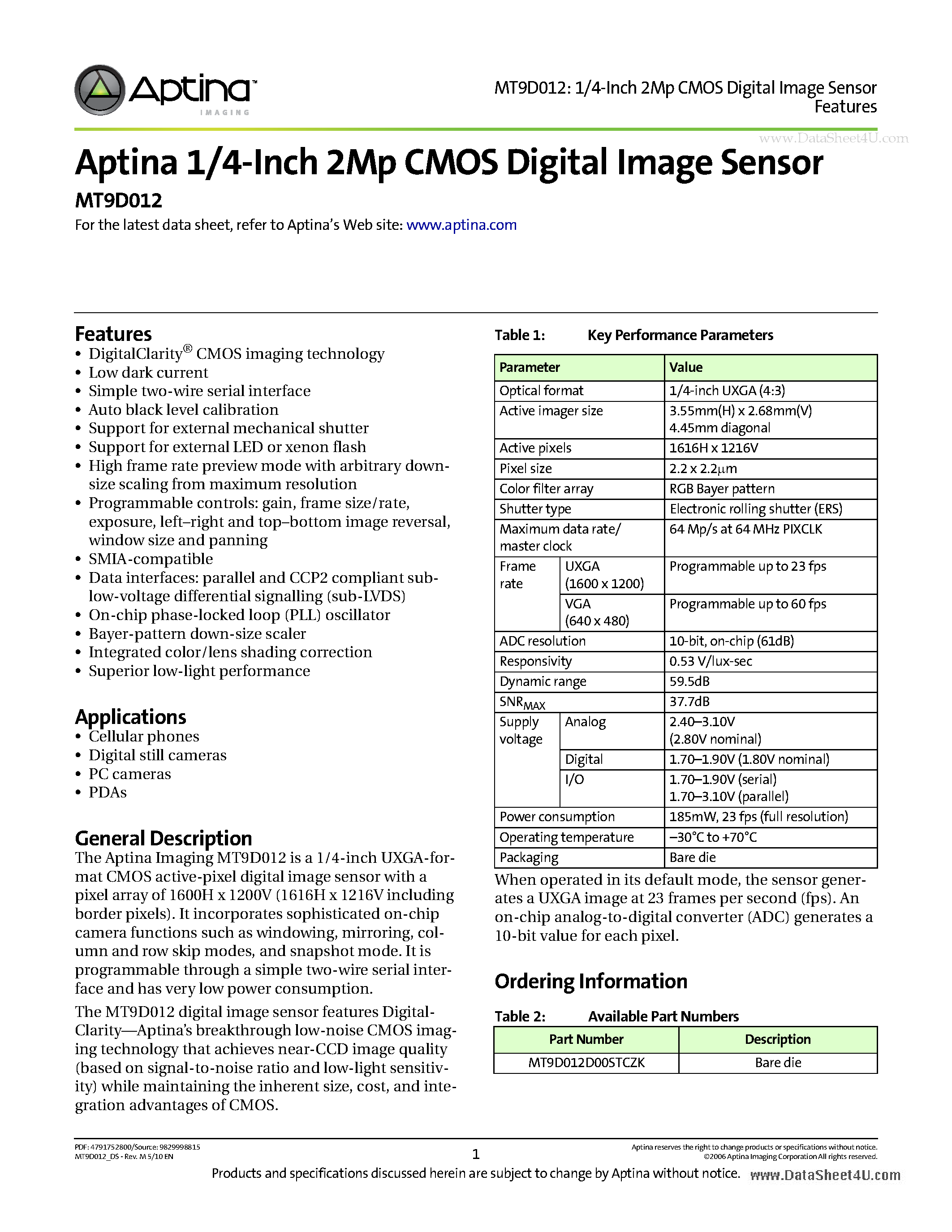 Datasheet MT9D012 page 1 Datasheet MT9D012 - 1/4-Inch 2-Mp CMOS Digital Image Sensor page 1