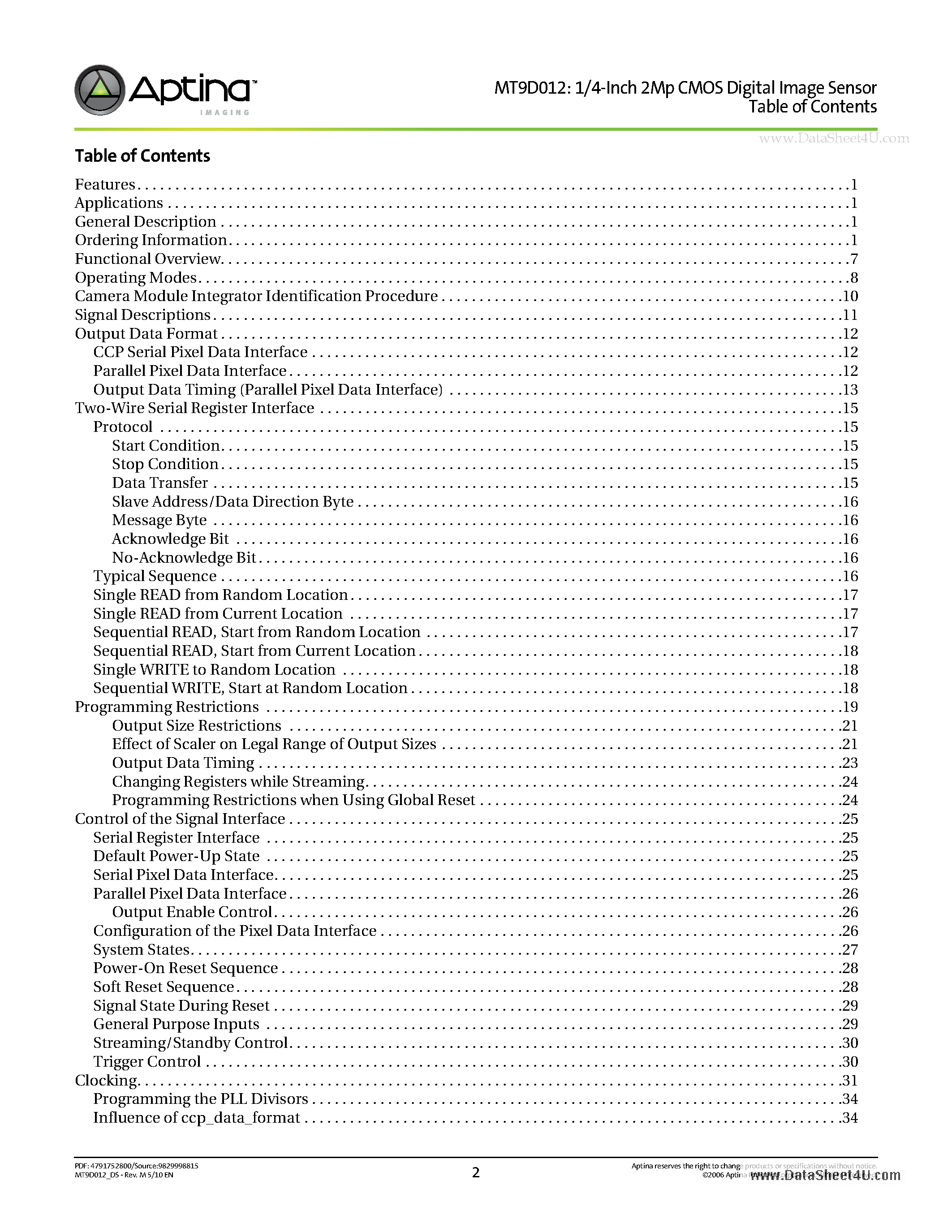 Datasheet MT9D012 page 2 Datasheet MT9D012 - 1/4-Inch 2-Mp CMOS Digital Image Sensor page 2