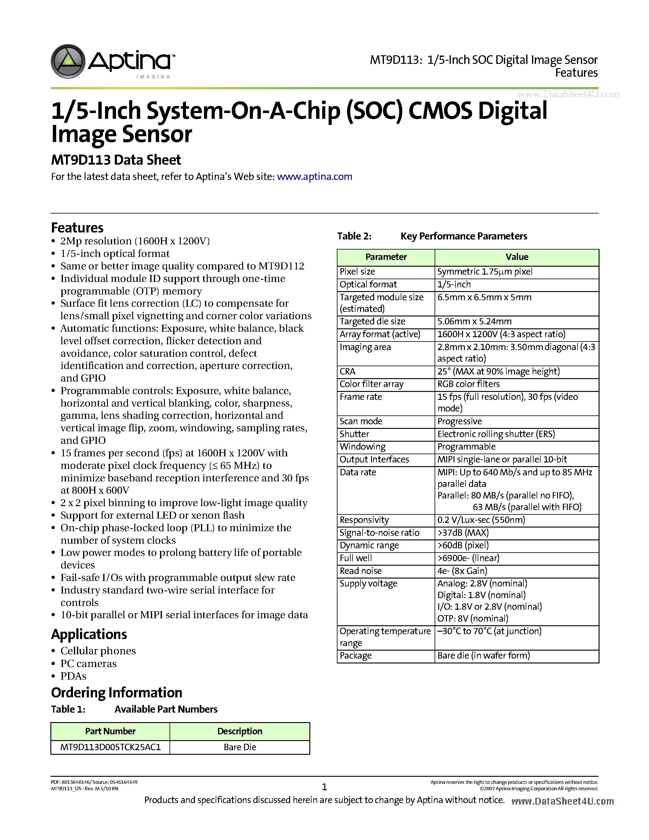 Datasheet MT9D113 - 1/5-Inch System-On-A-Chip (SOC) CMOS Digital Image Sensor page 1