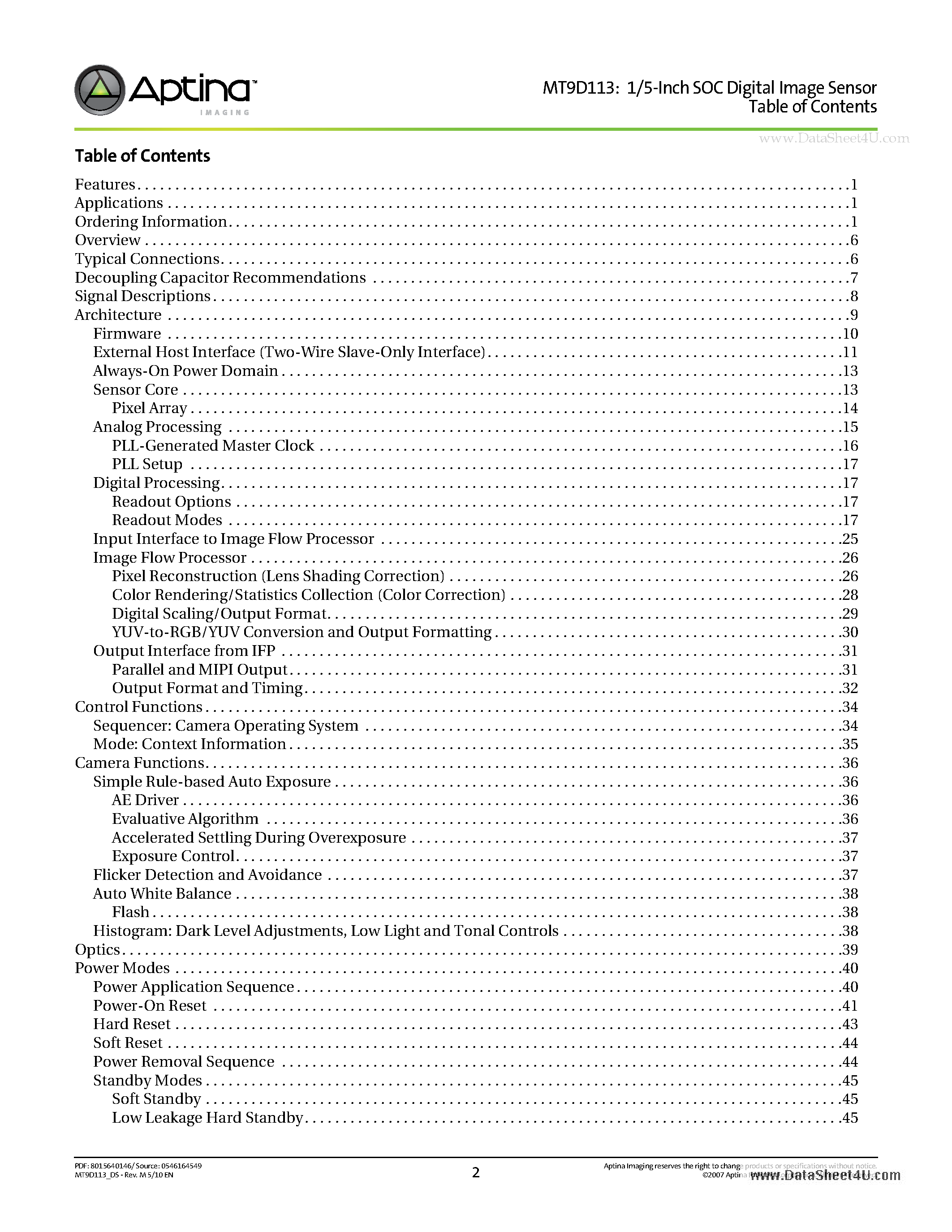 Datasheet MT9D113 - 1/5-Inch System-On-A-Chip (SOC) CMOS Digital Image Sensor page 2